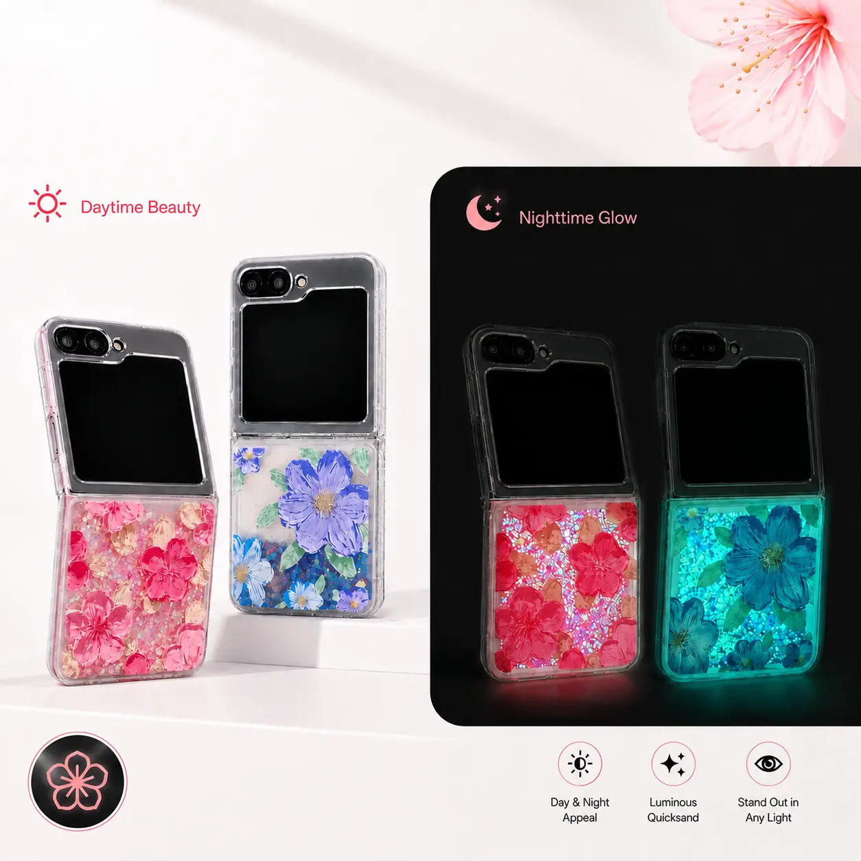 Flower Case for Samsung Galaxy Z Flip 7 6 5 4 3 Glow in The Dark Liquid Fluorescent Floating Floral Case Women Girly Light up Case Soft TPU Oil Painting Luminous Phone Cover