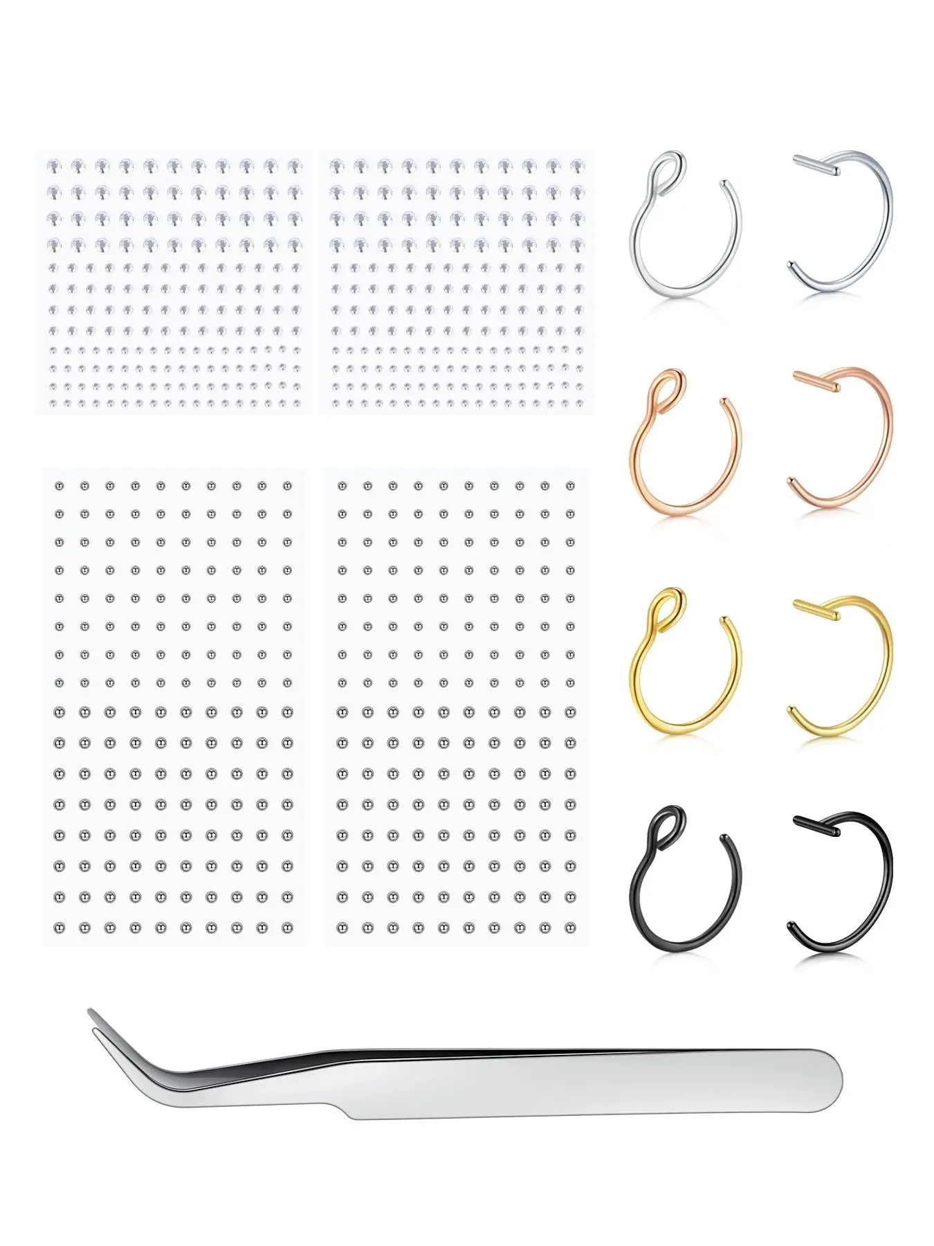 Face Gems Face Jewels Fake Piercings, Fake Lip Ring Fake Nose Rings Nose Hoop Nose Jewelry Fake Eyebrow Piercing Fake Lip Piercing Self-Adhesive Face Sticker Fake Piercing Balls Silver Cool Punk Y2k Halloween Makeup For Women Men