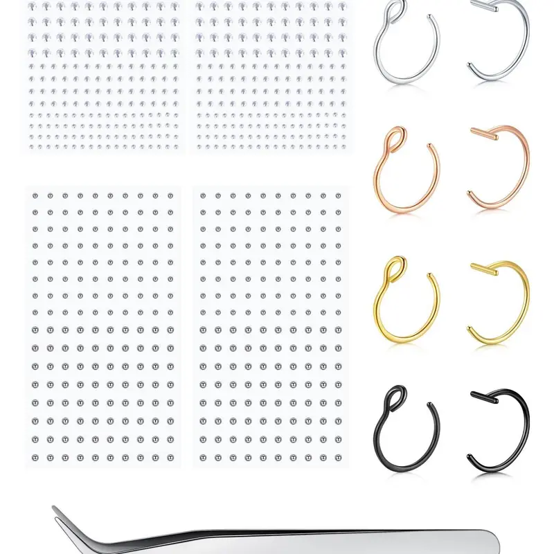 Face Gems Face Jewels Fake Piercings, Fake Lip Ring Fake Nose Rings Nose Hoop Nose Jewelry Fake Eyebrow Piercing Fake Lip Piercing Self-Adhesive Face Sticker Fake Piercing Balls Silver Cool Punk Y2k Halloween Makeup For Women Men