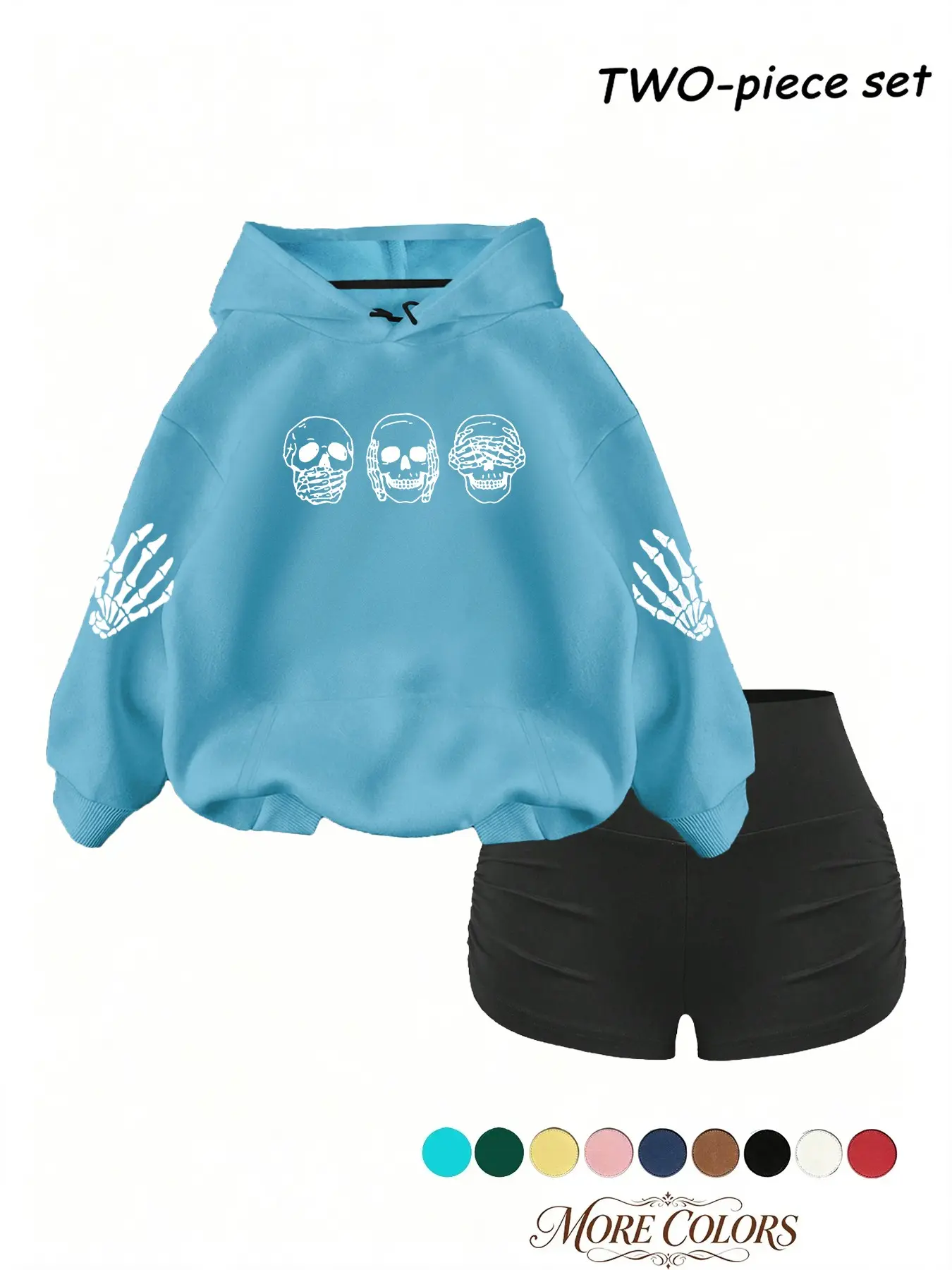 Women's Halloween Theme Sweatshirt Set, Fall Winter Warm Hooded Drawstring Pullover, Trendy Pocket Hoodie, Skull Print, 2-Piece