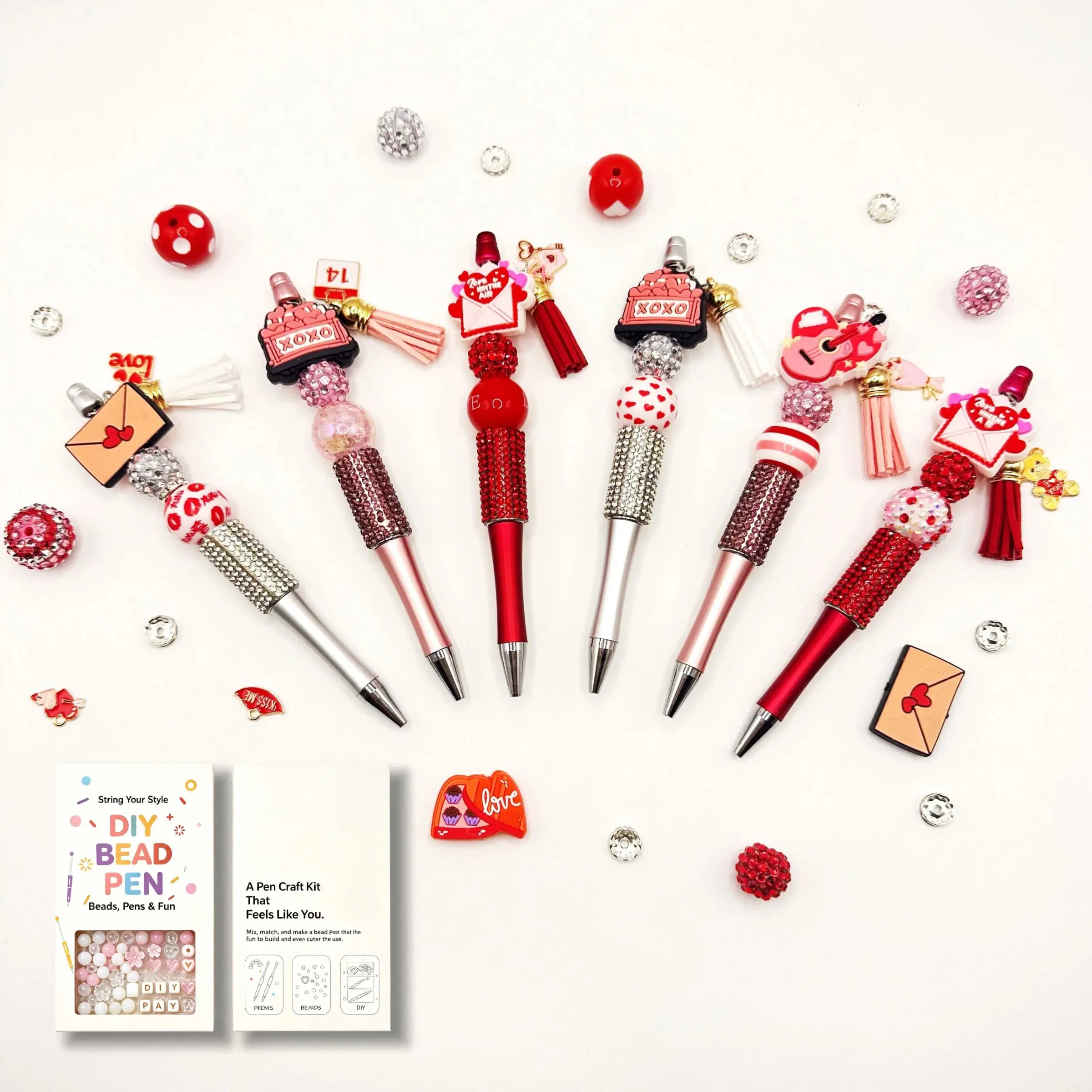 6PCS Valentine Rhinestone Beadable Pen DIY Kit  Gift Box Complete Craft Set, Beading Kits, Love Heart XOXO Beaded Pens Making Kit with All Beads Charms Tassels Spacer Beads, Valentine’s Day Holiday Gift for Women Friends