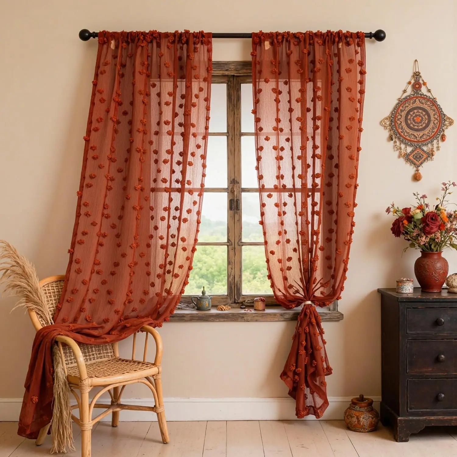 HOME Terracotta Boho Sheer Curtains with Pom Pom 50Wx84L,2 Panels| Light Filtering Semi Sheer,Burnt Orange Rust Colored Bohemian Farmhouse Rustic Drapes for Bedroom Living Room,Rod