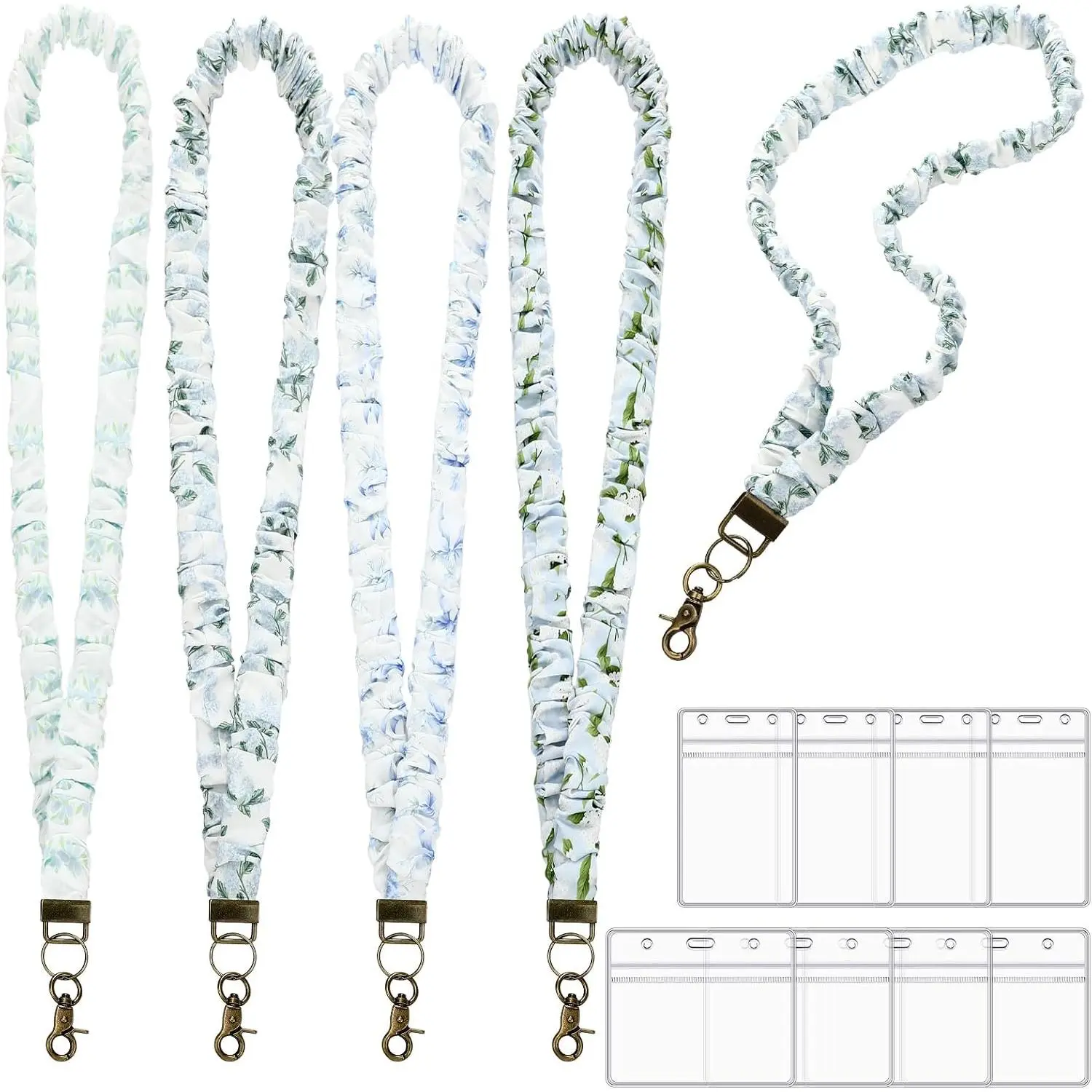 4 count Teacher Scrunchie Lanyards,Blue,Floral Style | Cute Stretchy  Lanyard for ID Badges and  with 8 ID Holder, Appreciation Christmas School Gifts