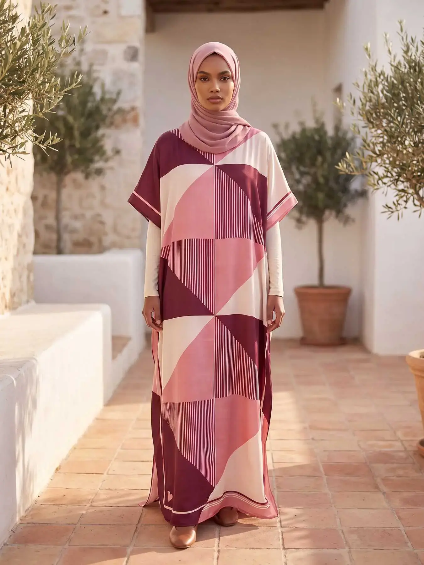 MOO MOO Women Geometric Print Long Dress & Scarf Set, Bohemian Casual Elegant Shawl Dress with Matching Scarf, Loose Beach Outfit, Soft & Comfortable, All-Season Wear, Must-Have for Beach Vacations