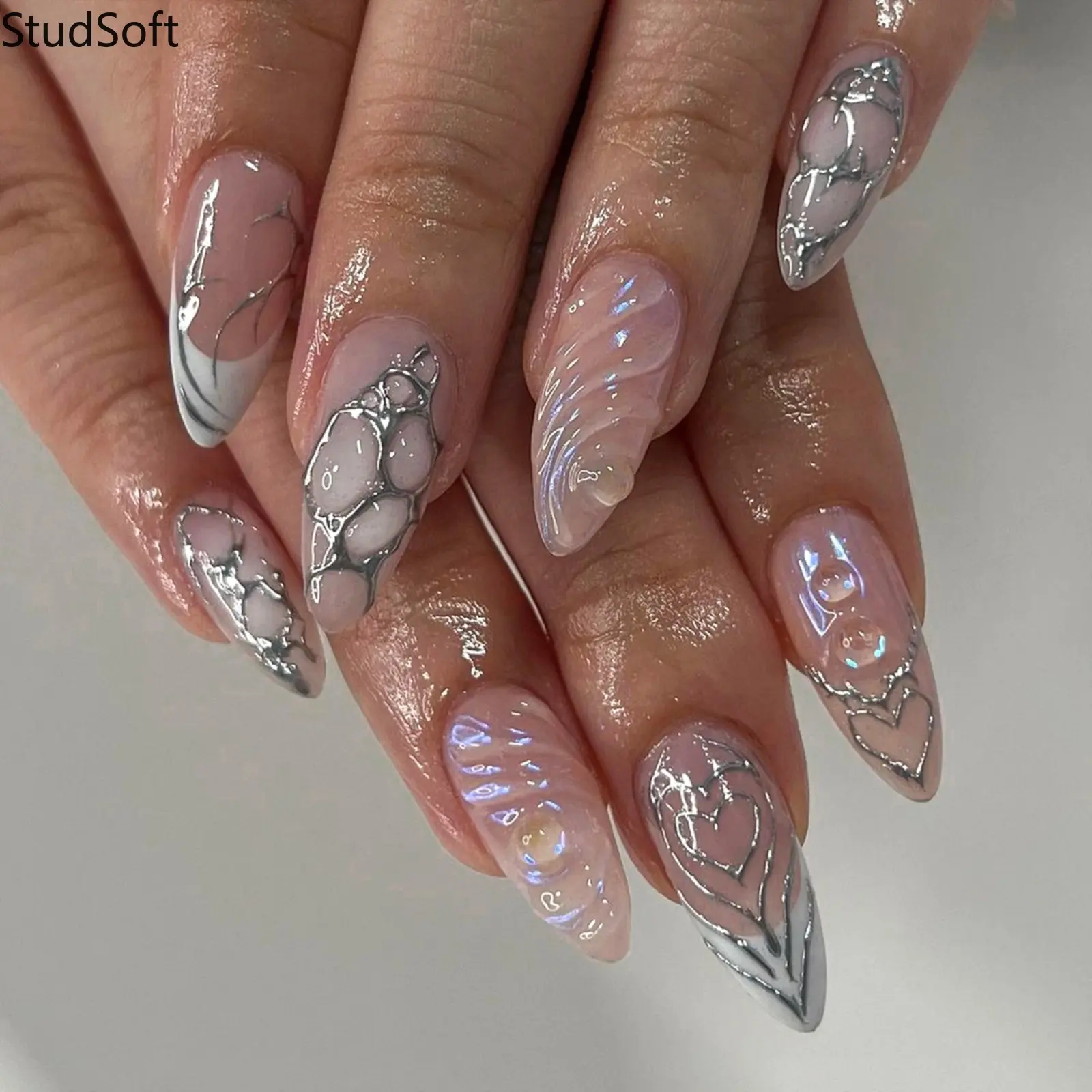 24PCS 3D Silver Liquid Metal Press on Nails Heart Fake Nails Full Cover Medium Almond Molten Chrome Artificial False Fingernails Y2K Punk Party,back to school,back to school haul