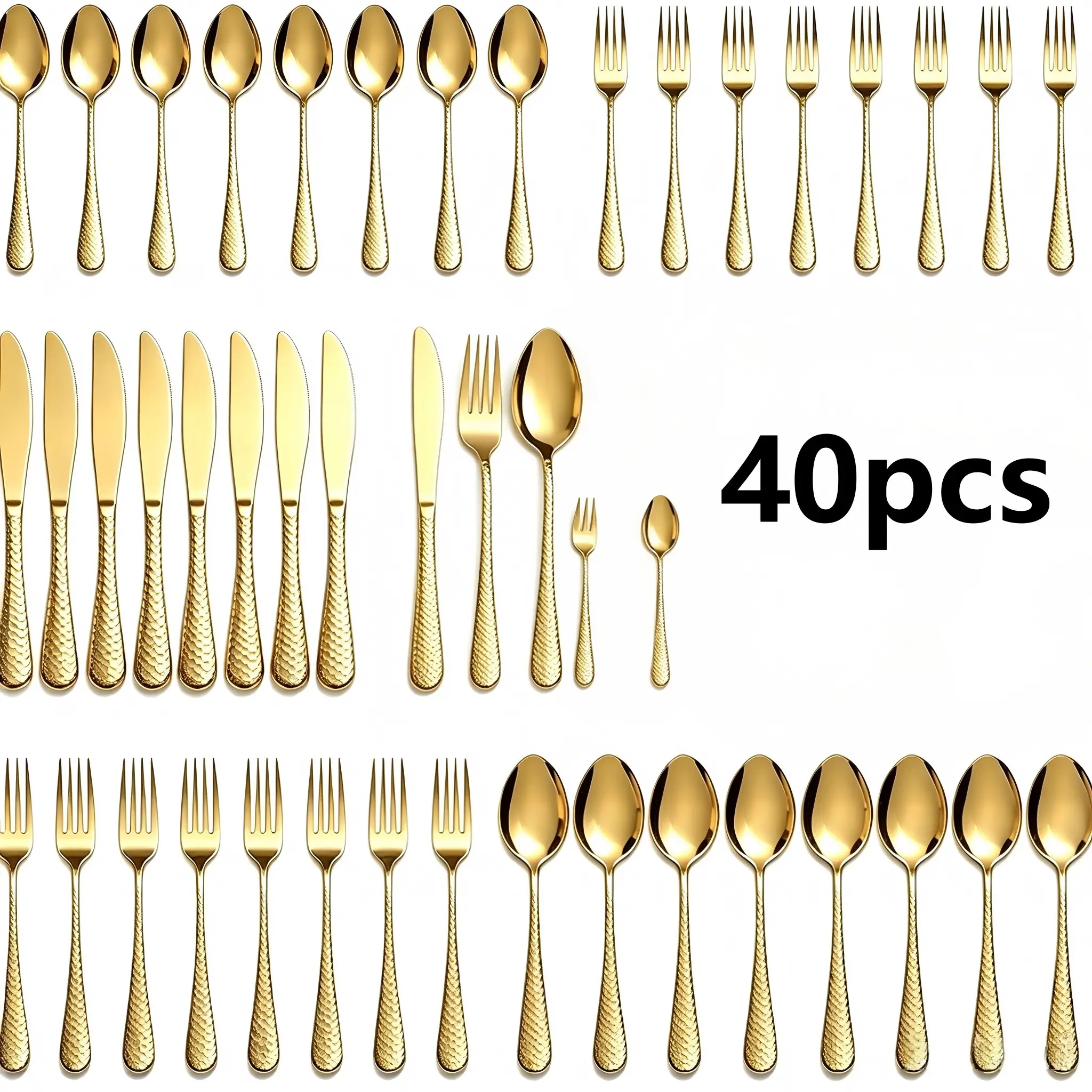 40-Piece Stainless Steel Cutlery Set, Water Cube Handle, Polished Knife Fork Spoon, Ideal for Home, Parties, Restaurants, Weddings
