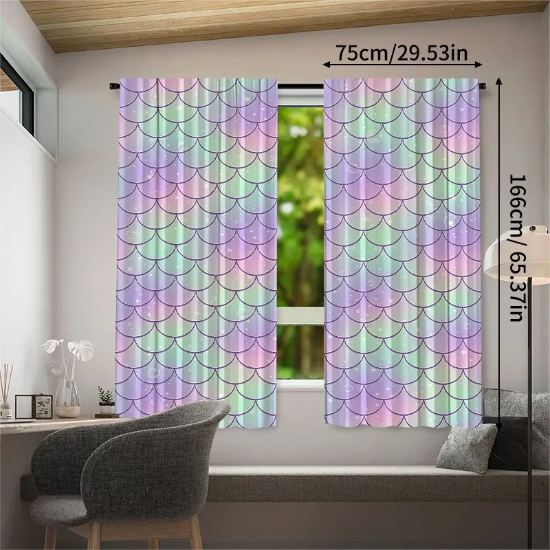 Pastel Rainbow Mermaid Scale Window Curtains 2 Panels, Glitter Bubble Gradient Soft Fabric Privacy Window Drapes, Fantasy Aesthetic Curtain for Girls Bedroom Mermaid Themed Nursery Princess Playroom Home Decor