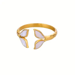 An Elegant and Stylish Golden Stainless Steel White Enamel Fishtail Open Ring, a Wonderful Gift for Ladies, Suitable for Daily and Festive Wear, Featuring a Unique Elemental Design