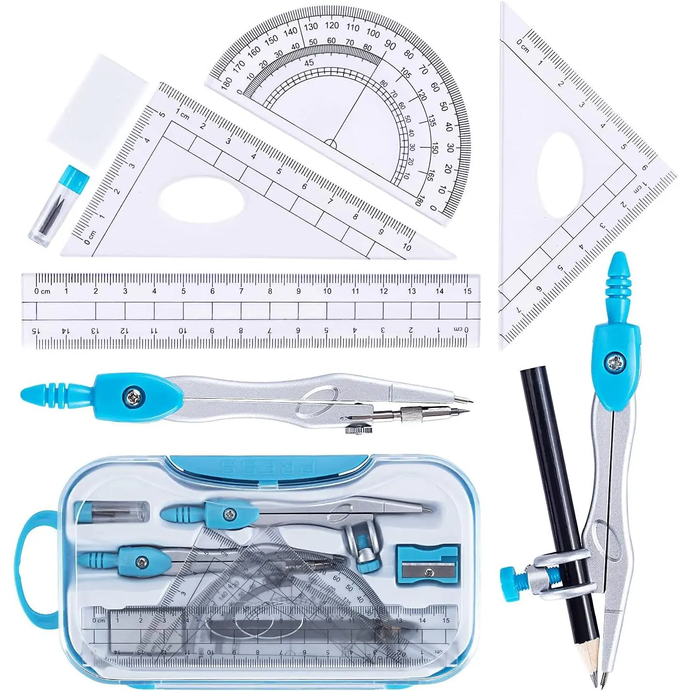 Math Geometry Kit Set 10 count with Shatterproof Storage Box, Student Supplies Drawing Compass Includes Protractor, Rulers, Compass, Pencil Sharpener, Lead Refills, Pencil, Eraser(Blue)