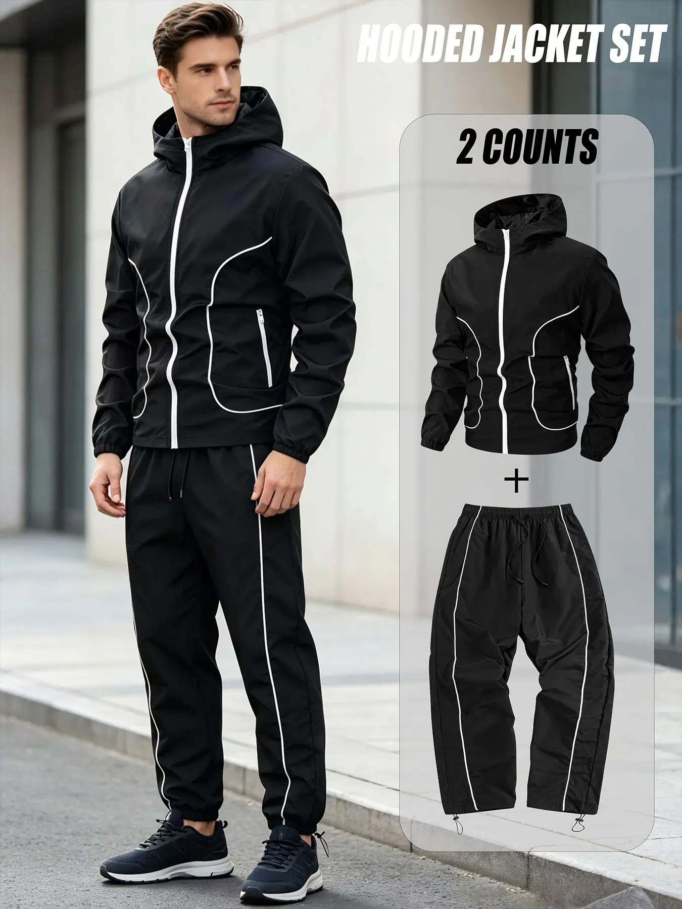 Men's Casual Sport Suit, Hooded Jacket + Long Pants, Lightweight Fiber, Adjustable Drawstring, Ideal for Indoor & Outdoor Activities