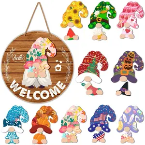 Interchangeable Gnome Welcome Sign Easter Bunny Porch Decor, Changeable Wooden Gnomes Front Door Decoration Wreath Hanger  Spring Summer Fall Winter All Seasons Holiday, Red Brown