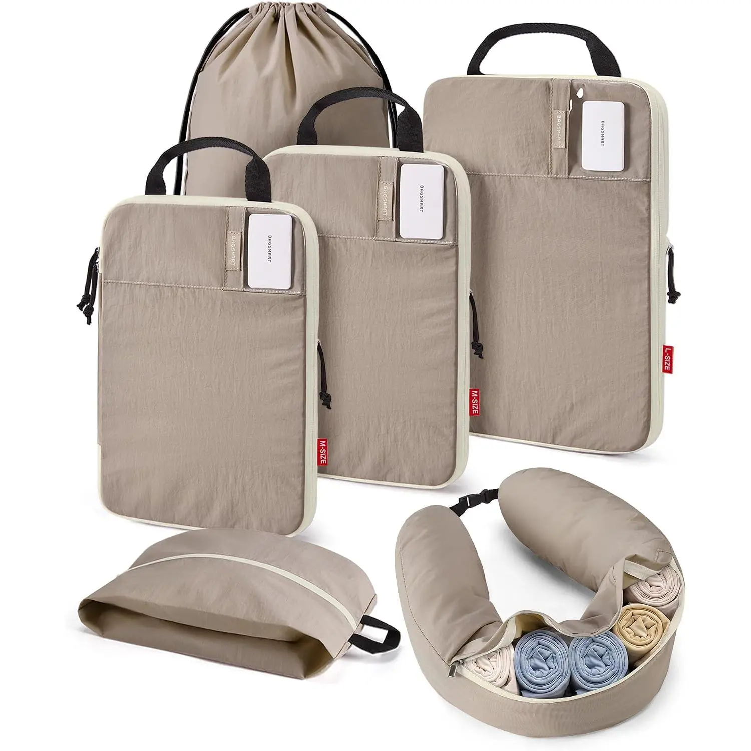 Compression Packing Cubes with Fillable Neck Pillow for Travel - 5 Bags and 1 Wearable Pillow Set, Durable Tear Resistant Washable Taslan Fabric with Card Slots