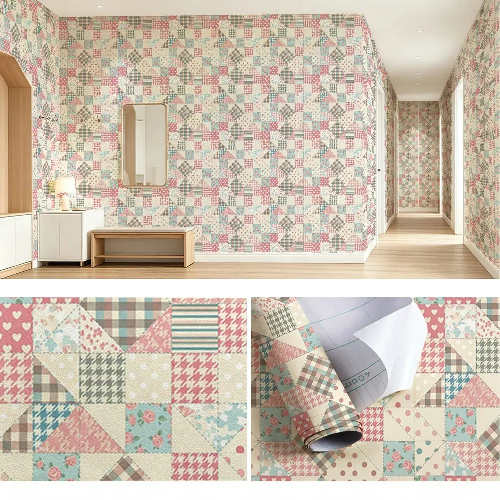 Vintage Patchwork Wallpaper Roll, Floral Patterns, PVC Material, Self-Adhesive, Ideal for Kitchen/living Room/bedroom Decor