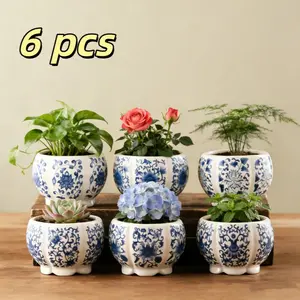 6-Piece Ceramic Flower Pot Set, Creative Blue and Porcelain Pots for Succulents and Greenery, Indoor Outdoor Decor, Gift Idea