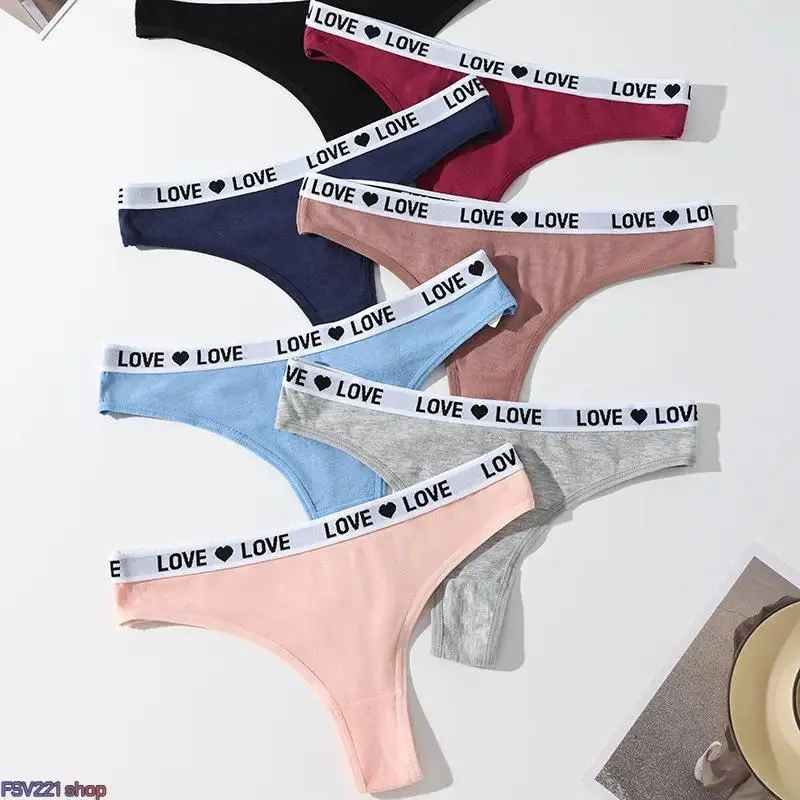 7 Pack Women Low-Rise Thong Panties, Soft Cotton-Spandex Seamless Stretch Underwear with Heart & LOVE Prints, Mixed Color Breathable Elastic Daily Intimates