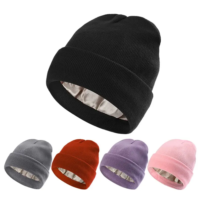 Unisex Satin Lined Ribbed Beanie, Warm Winter Knit Hat with Silky Inner Lining, Anti-Static Cuffed Skull Cap for Men Women