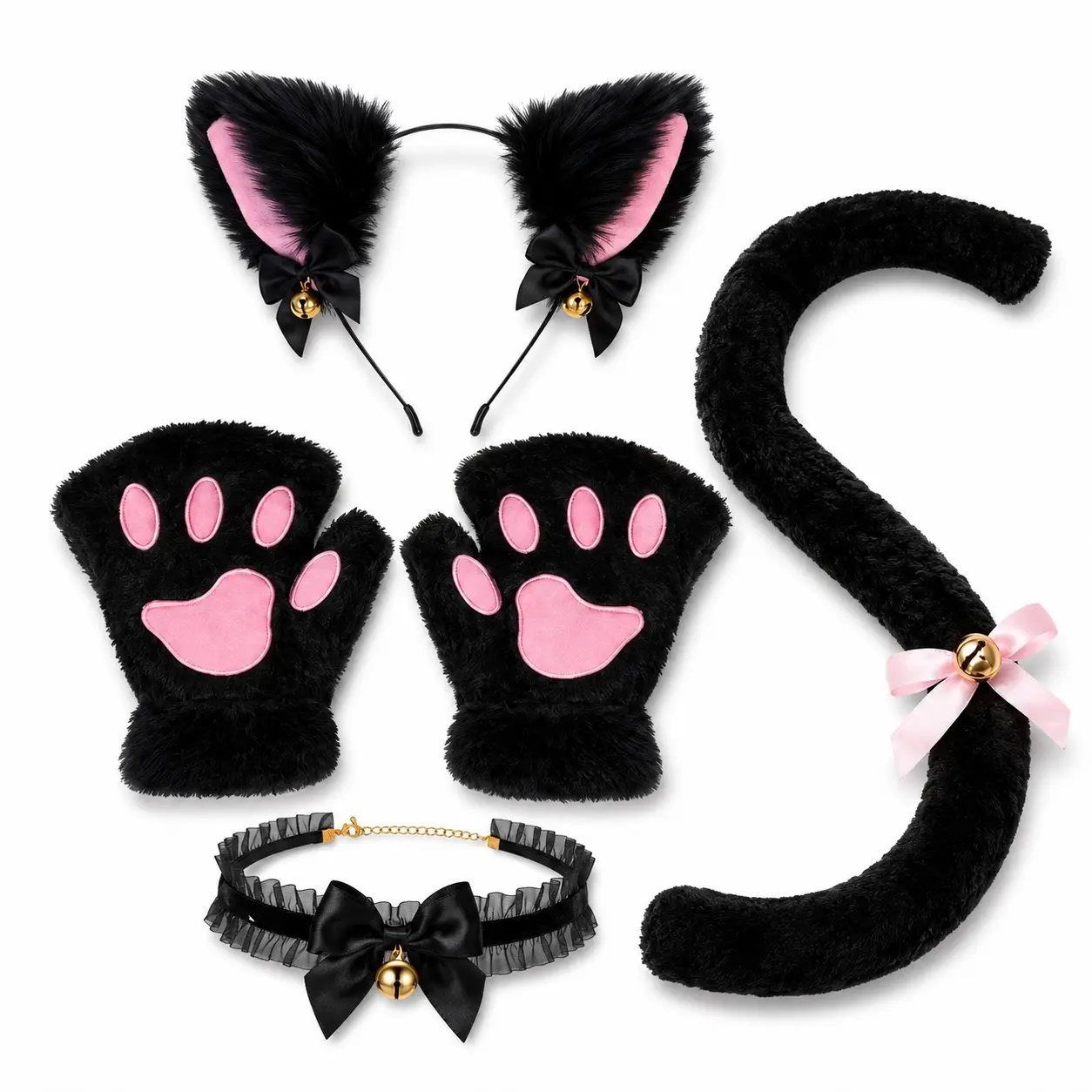 Halloween Black Cat Costume Accessory Set, Cute Cat Ear Headband Paw Gloves Bell Choker Tail for Party Cosplay