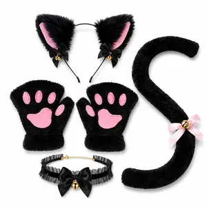 Halloween Black Cat Costume Accessory Set, Cute Cat Ear Headband Paw Gloves Bell Choker Tail for Party Cosplay