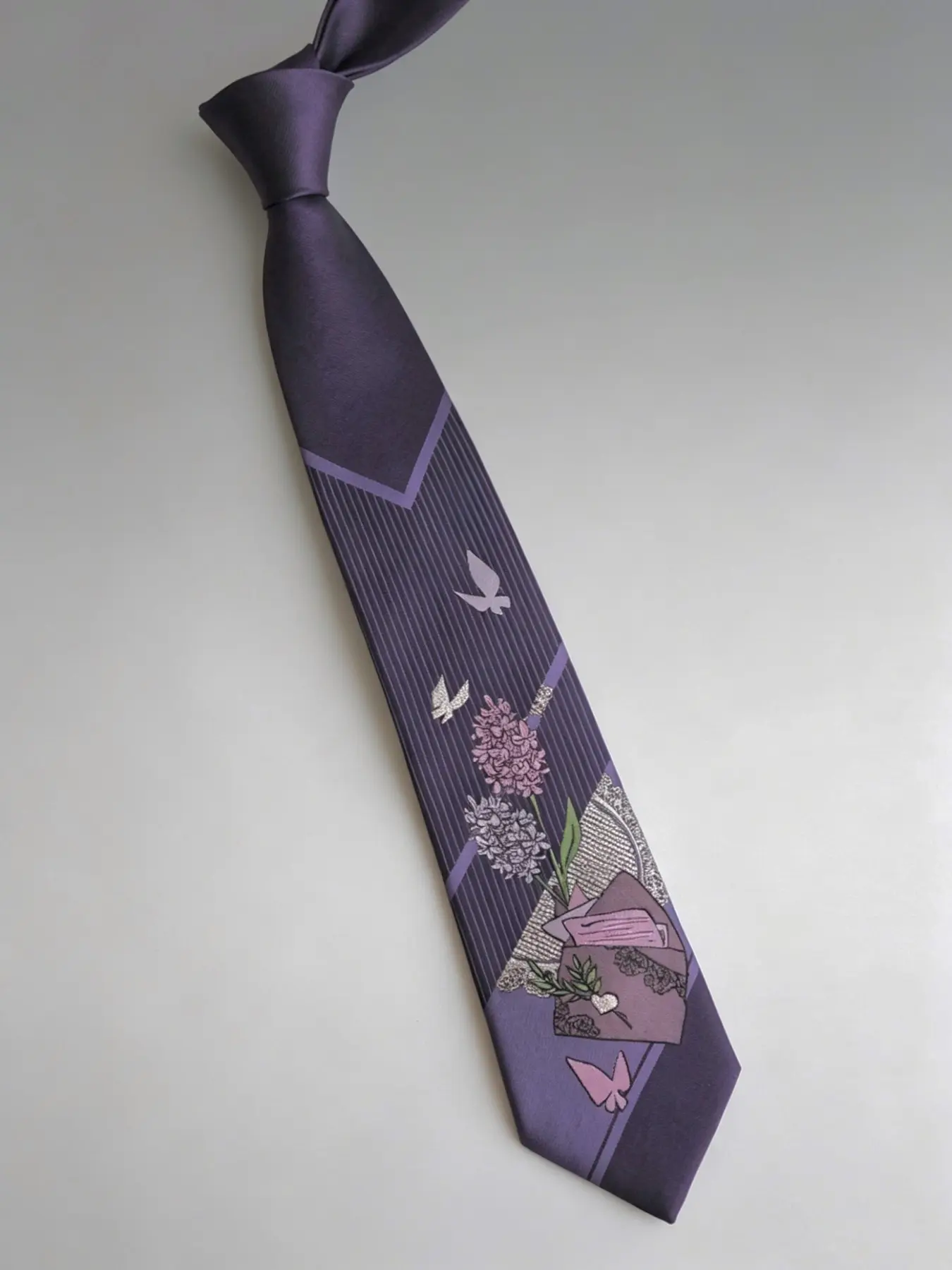 Elegant Purple Hyacinth & Love Letter Jacquard Skinny Tie, Floral Pattern Tie, Jacquard Necktie, 2400-Needle Jacquard Weave, Silvery Thread Details, Designer Tie with Gift Box, Gift for her