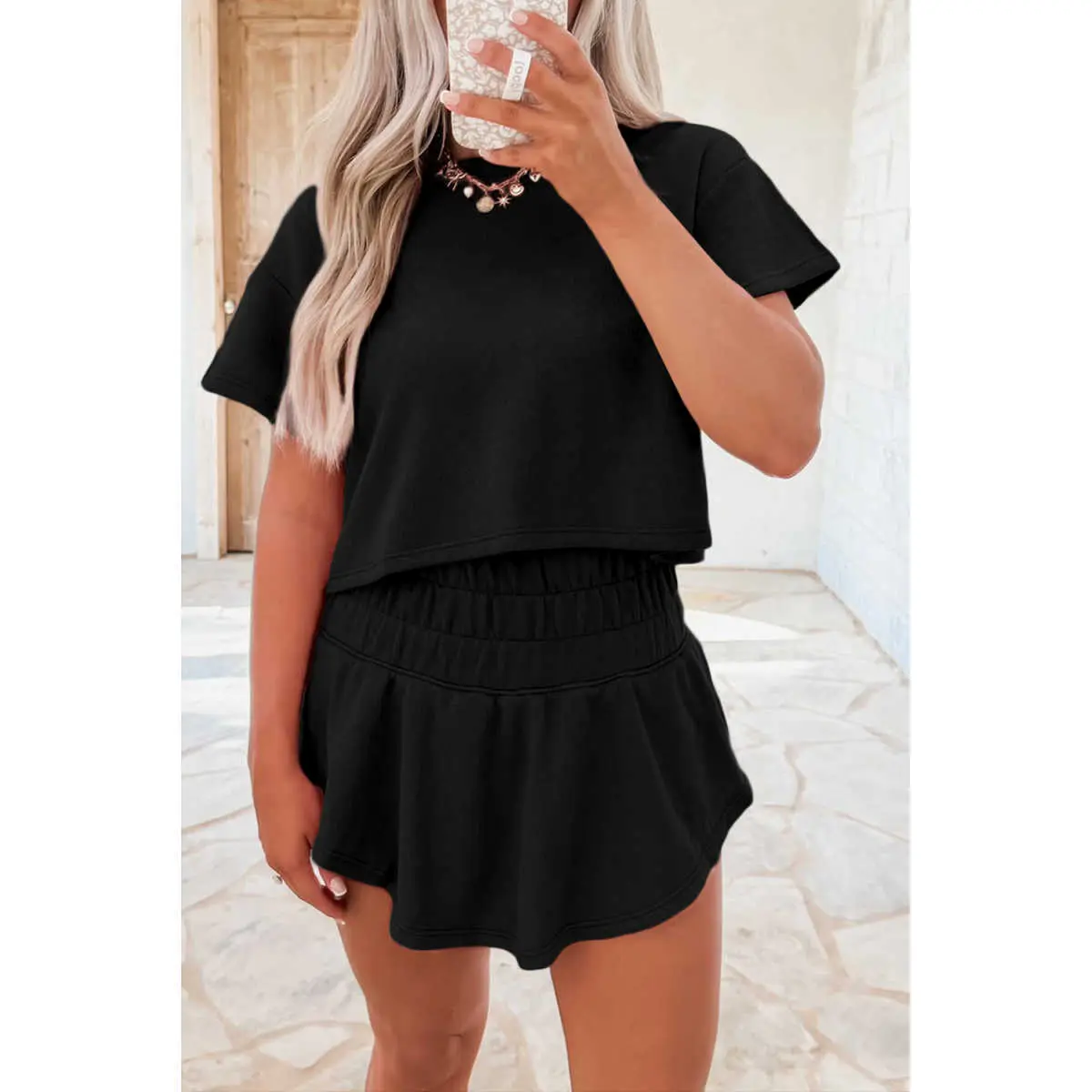 Women Casual Cropped Short Sleeve Tee Ruffle Trim High Waist Skort Two Piece Daily Matching Outfit Set
