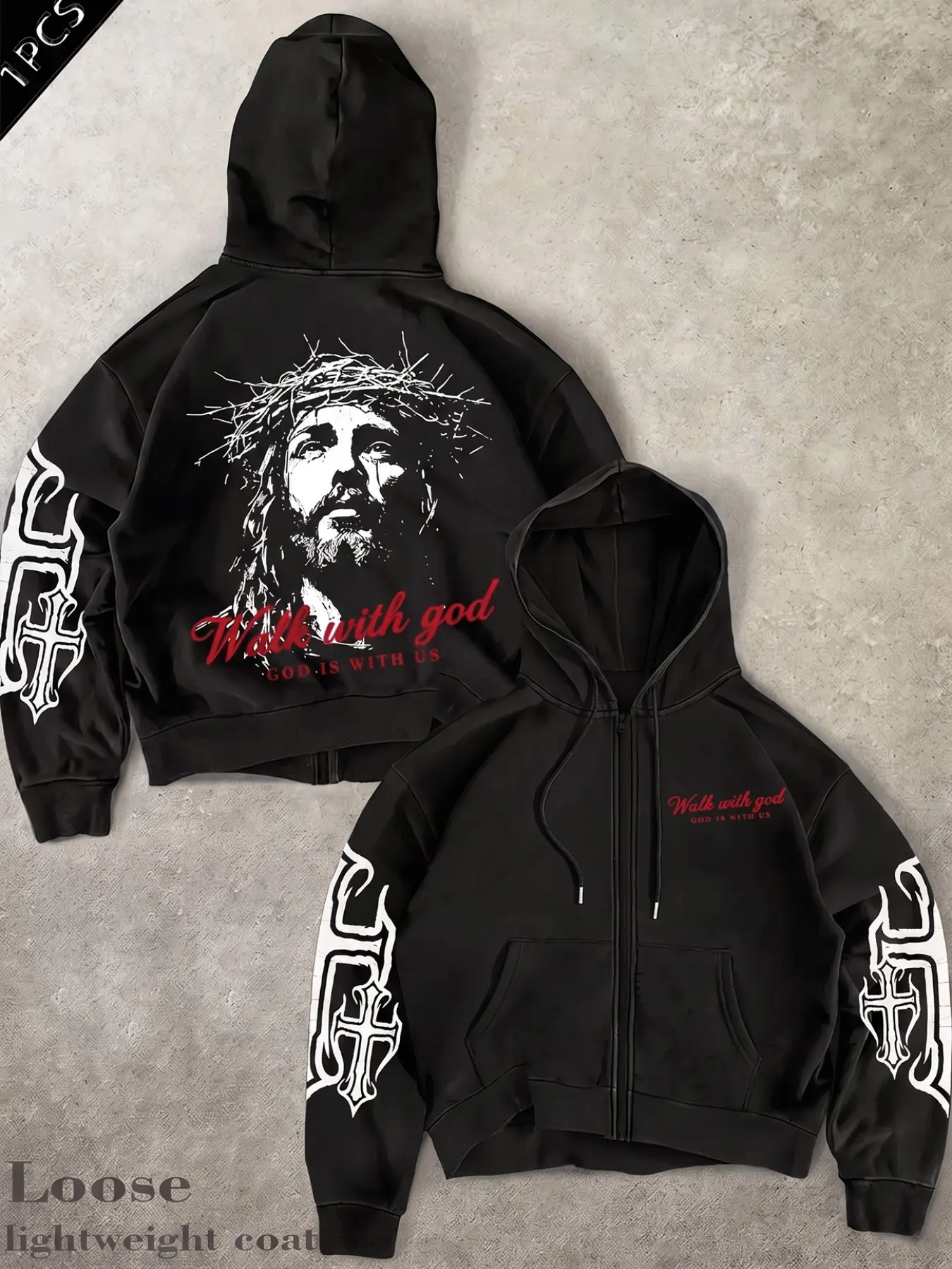 Unisex Jesus Crown of Thorns Graphic Zip Up Hoodie Walk With God Letter Print Cross Sleeve Loose Cropped Hooded Jacket Y2K Gothic Streetwear Casual Outerwear Tops