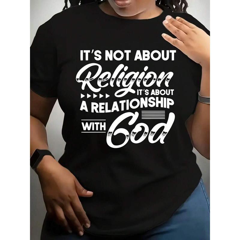 Women's Black "It's Not About Religion, It's About A Relationship With God" Cotton Essential T-Shirt - Casual Crew Neck, Alphabet Pattern, Medium Stretch, Short Sleeve, Spring-Summer Fit, Matching Skirts, Joggers Fabric, Shortsleeve