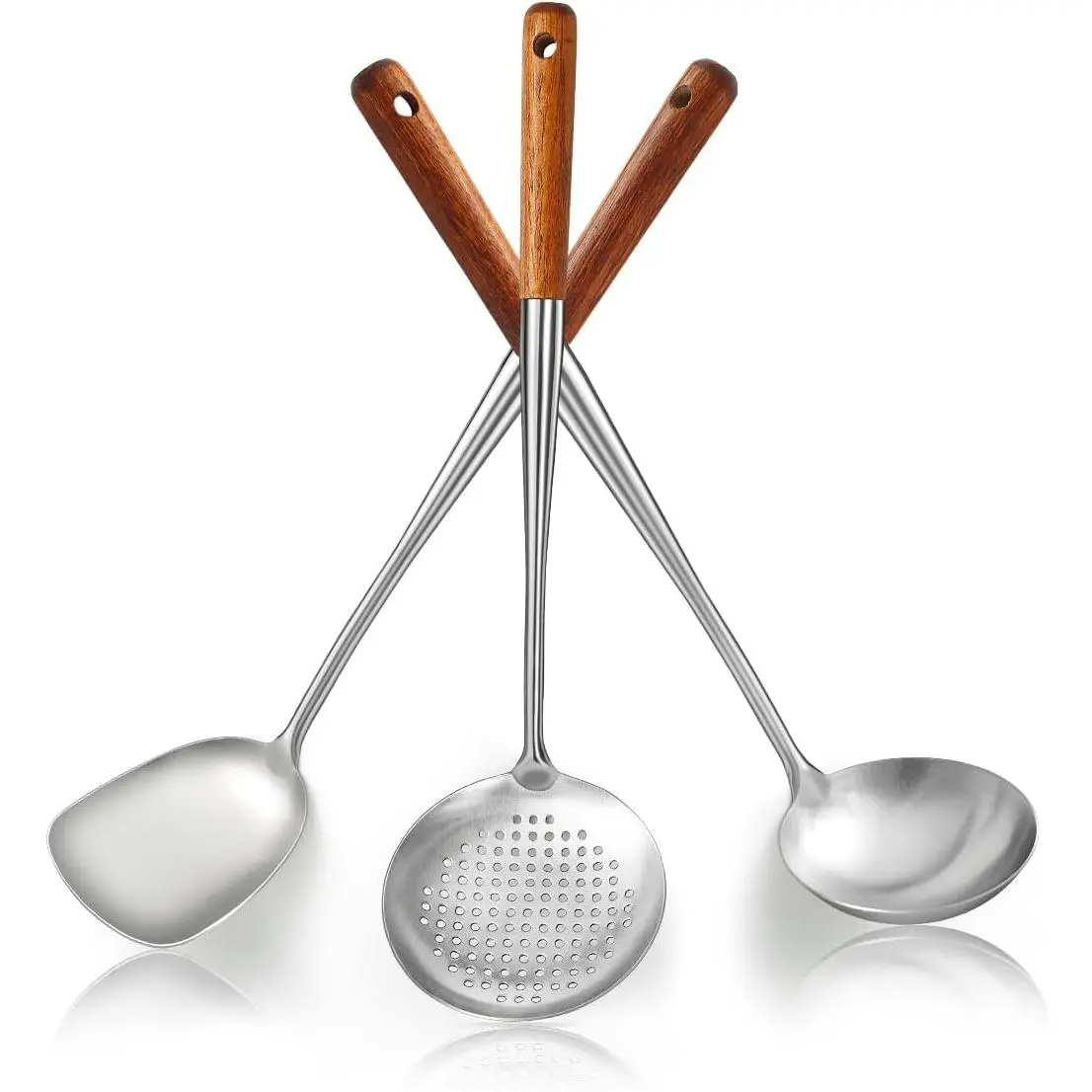 Wok Spatula Set 17", Heat Resistant  Handle Stainless Steel Wok Tools, Ladle, Metal Spatula, Kitchen Skimmer, Professional Kitchen Cooking Utensils Set, Wok Accessories Dishwasher Safe