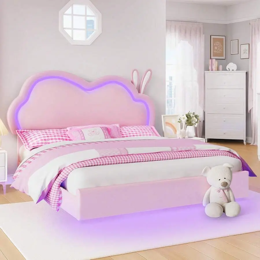 Twin Full Queen Size Floating Upholstered Bed Frame With LED Light, Cute Cloud Headboard For Girls, Sturdy Construction, Easy Assembly, No Box Spring Needed, Pink, White, Blue