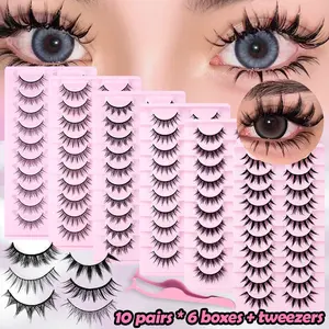 MAANGE 10 Pairs × 6 Boxes False Eyelashes Set, 60 Pairs Total 6 Styles Wispy Lashes with Tweezers, 3D Faux Mink Cat Eye Lashes, Natural & Dramatic Look, Lightweight Reusable Fake Lashes for Daily & Party Makeup, Beginner Friendly Eyelashes Kit