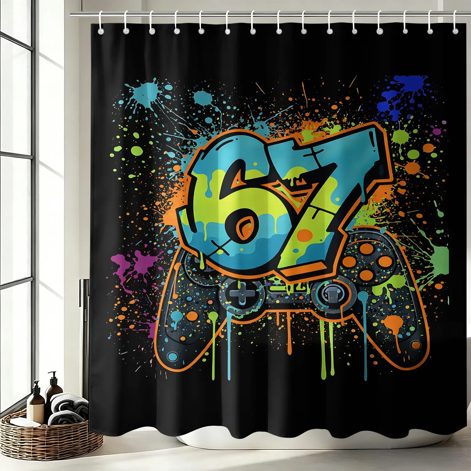 Cool Gamer Graffiti Shower Curtain, 72"x72" Shower Curtain Set, Waterproof Cloth Fabric Bathtub Curtain with 12 Hooks, Accessories for Teen Boys Gamers, Easy Install Home Bathroom Housewarming Decor, Bohemian Shower Curtain