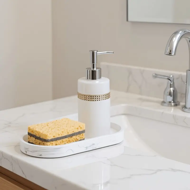 White Oval Marble Pattern Tray Durable Non Slip All Season Design Ideal for Bathroom Toiletry and Kitchen Soap Storage