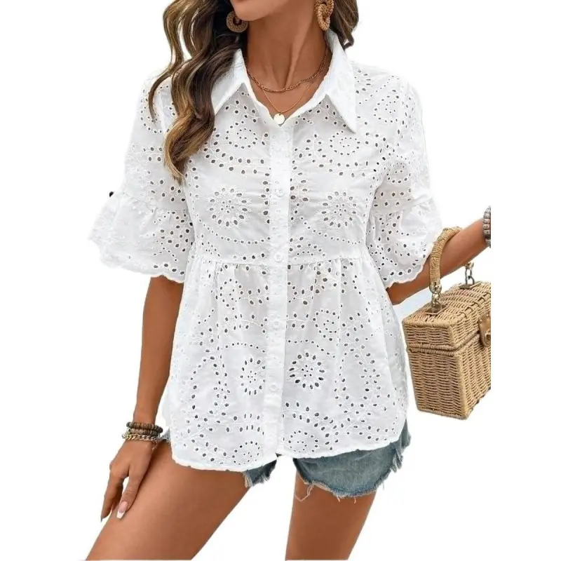 Lady's Woven Fitted Comfy Casual Breathable Embroidered Fabric Shirt - Summer Openwork Blouse, Elegant 1-Piece Women's Top for Everyday Wear White, Polyester, Fitted Cut