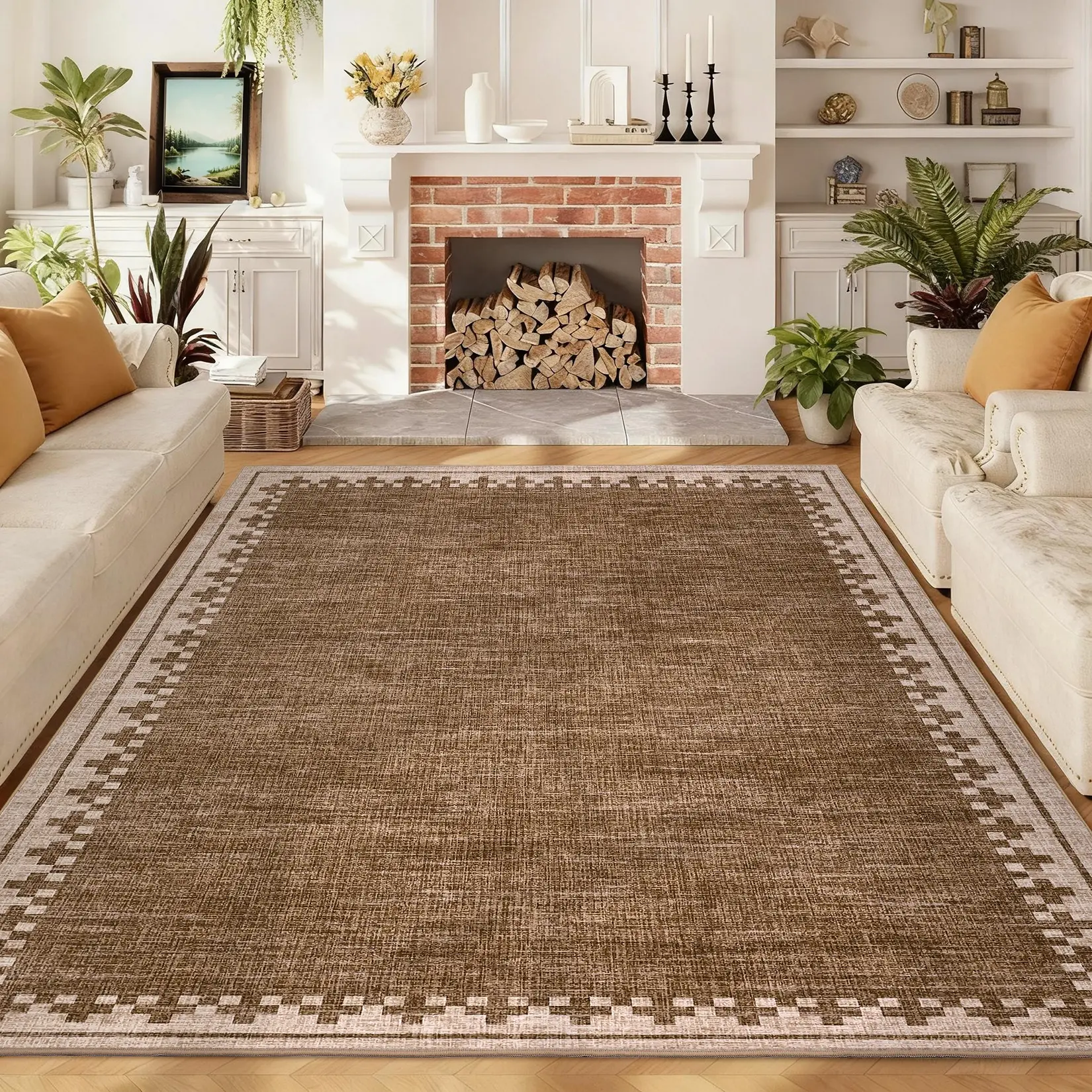 Washable Solid Living Room Rugs Non Slip, Indoor Modern Bordered Soft Area Rug for Bedroom Low Pile Ultra Thin Home Decor Carpet Mat for Dining Room Farmhouse Office