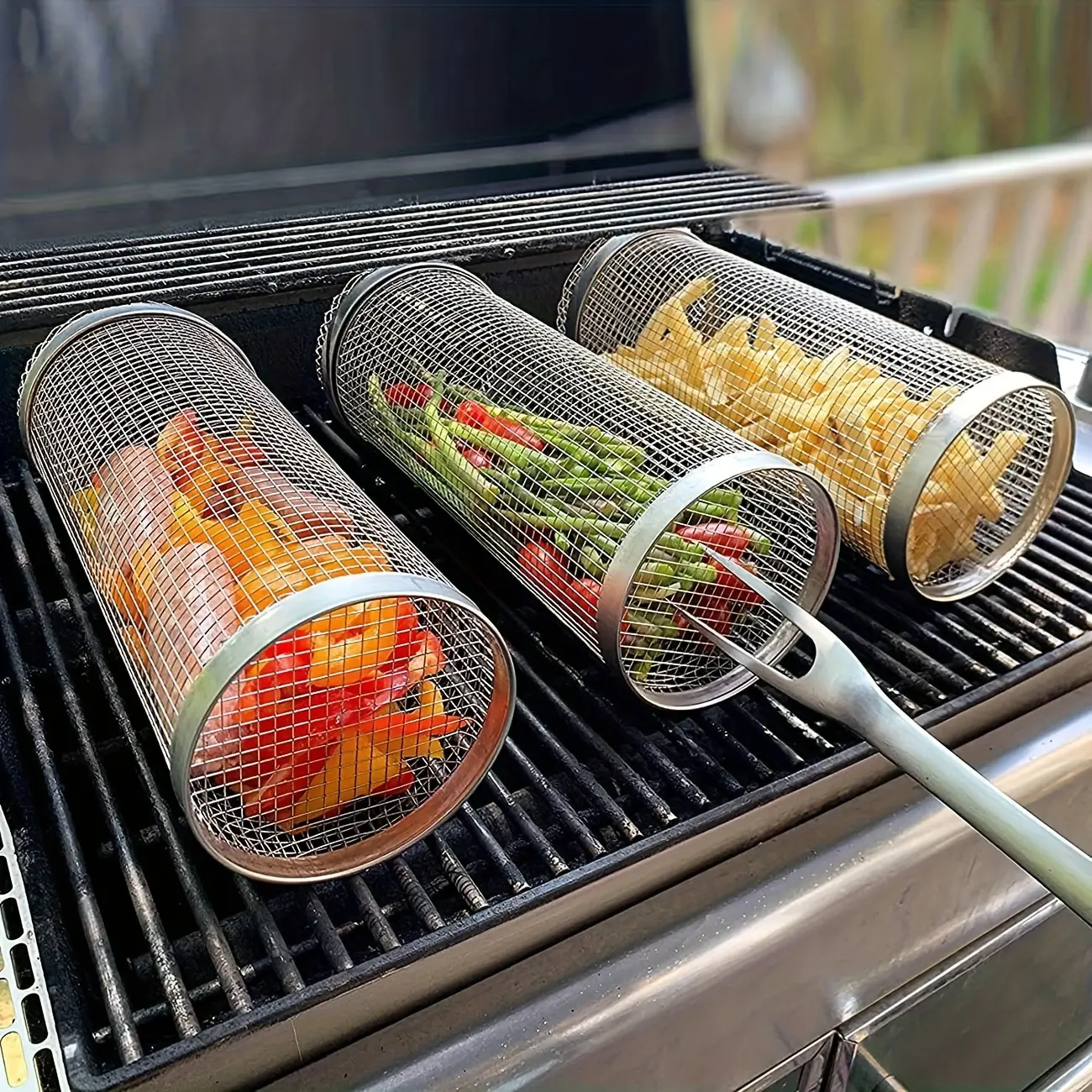 3pcs (BBQ Cage + BBQ Fork + Hook) Portable Stainless Steel BBQ Grill Set, Outdoor Camping BBQ Rack, Outdoor Round BBQ Bonfire Grill, Camping Picnic Cookware, Perfect Cooking Tool for Fish, Shrimp, Meat, Vegetables, Fires