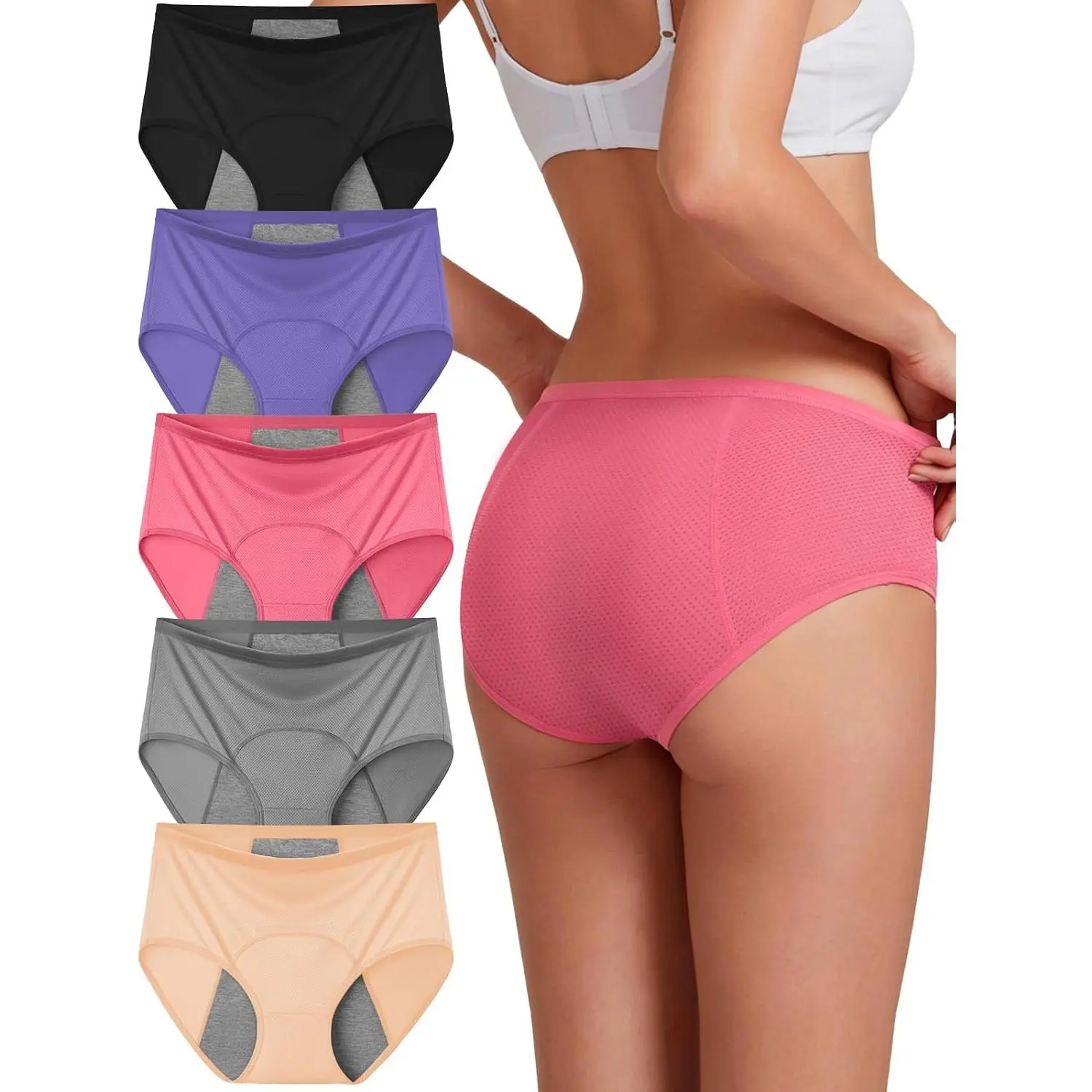Leakproof Period Underwear for Women High Waisted Panties 5 Pack | Extended Gusset Discreet Breathable Mesh Comfort Full Coverage Reusable Menstrual Protective Brief for Light Incontinence