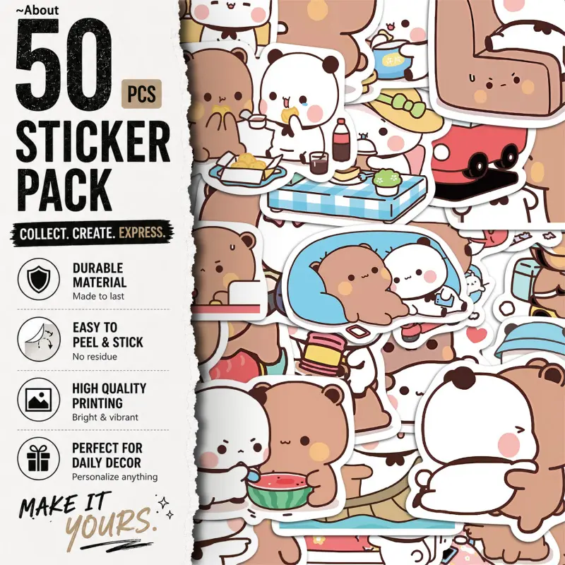 50PCS Little Panda Yier and Bubu Aesthetic Vinyl Stickers Pack for Laptop Water Bottle Phone Case Skateboard Journal Scrapbook DIY Decoration