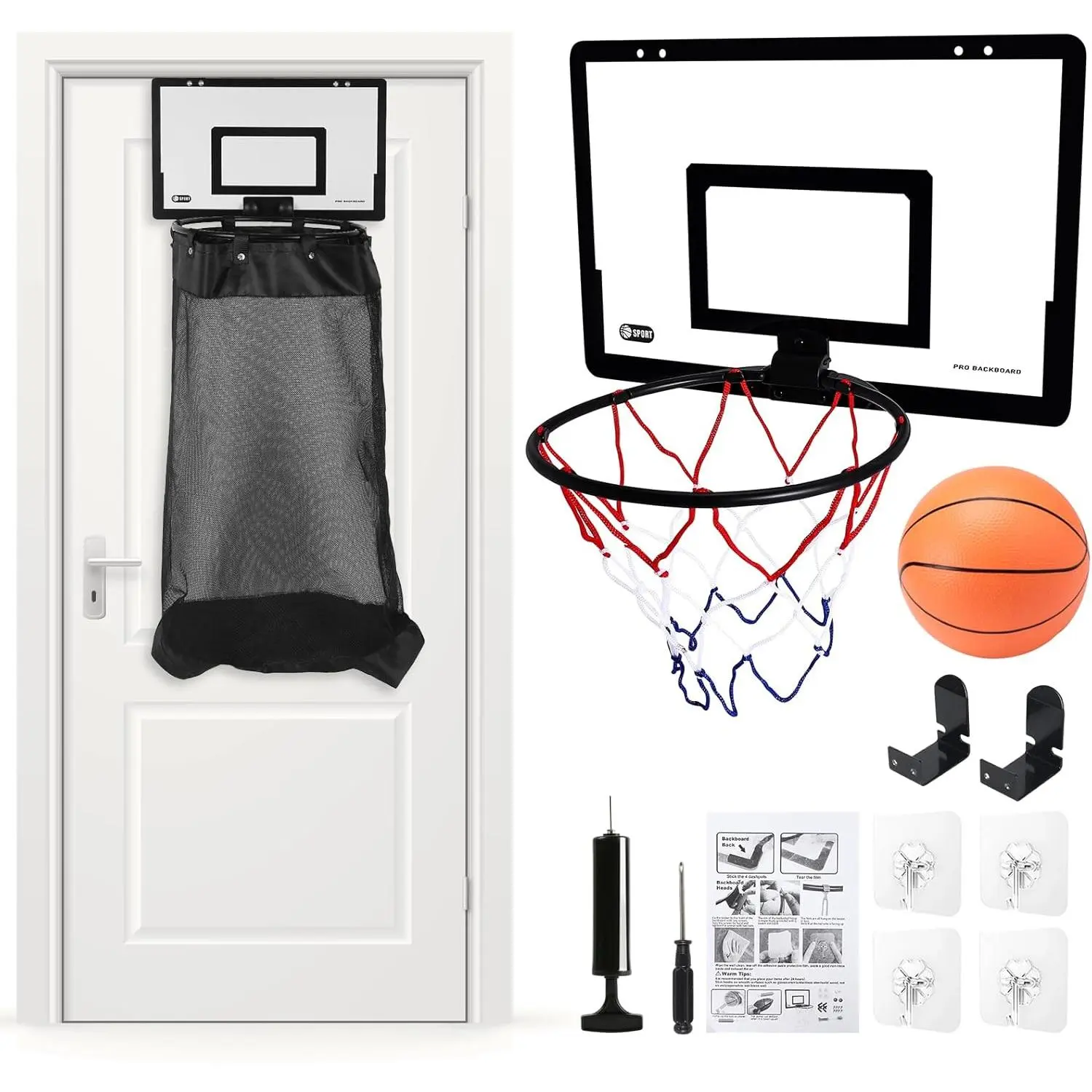 Basketball Laundry Hamper Set, Over the Door Hanging Basketball Laundry Basket with Drawstring Clamp and Ball for Bedrooms Dorm Bathroom, Black, Wood and Steel