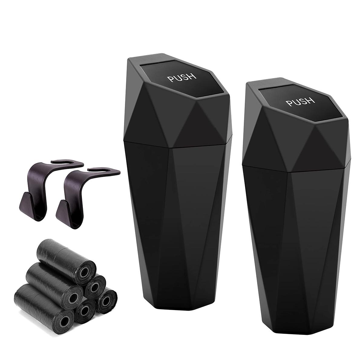Car Cup Holder Trash Can, Leakproof Mini Trash with Lid and 90 Bags, 2 Pack for Car and Home with 2 ABS Hooks, Black