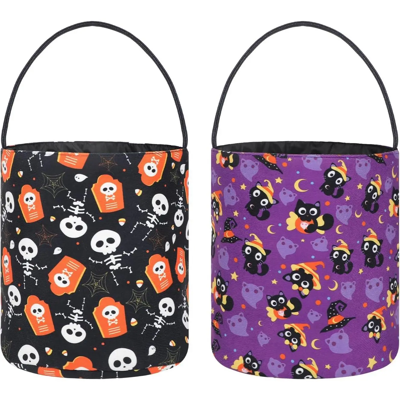 2 Pack  Halloween Trick or  Buckets, Black  Cute Canvas Candy Tote Buckets Halloween Baskets 8 x 10 Inch