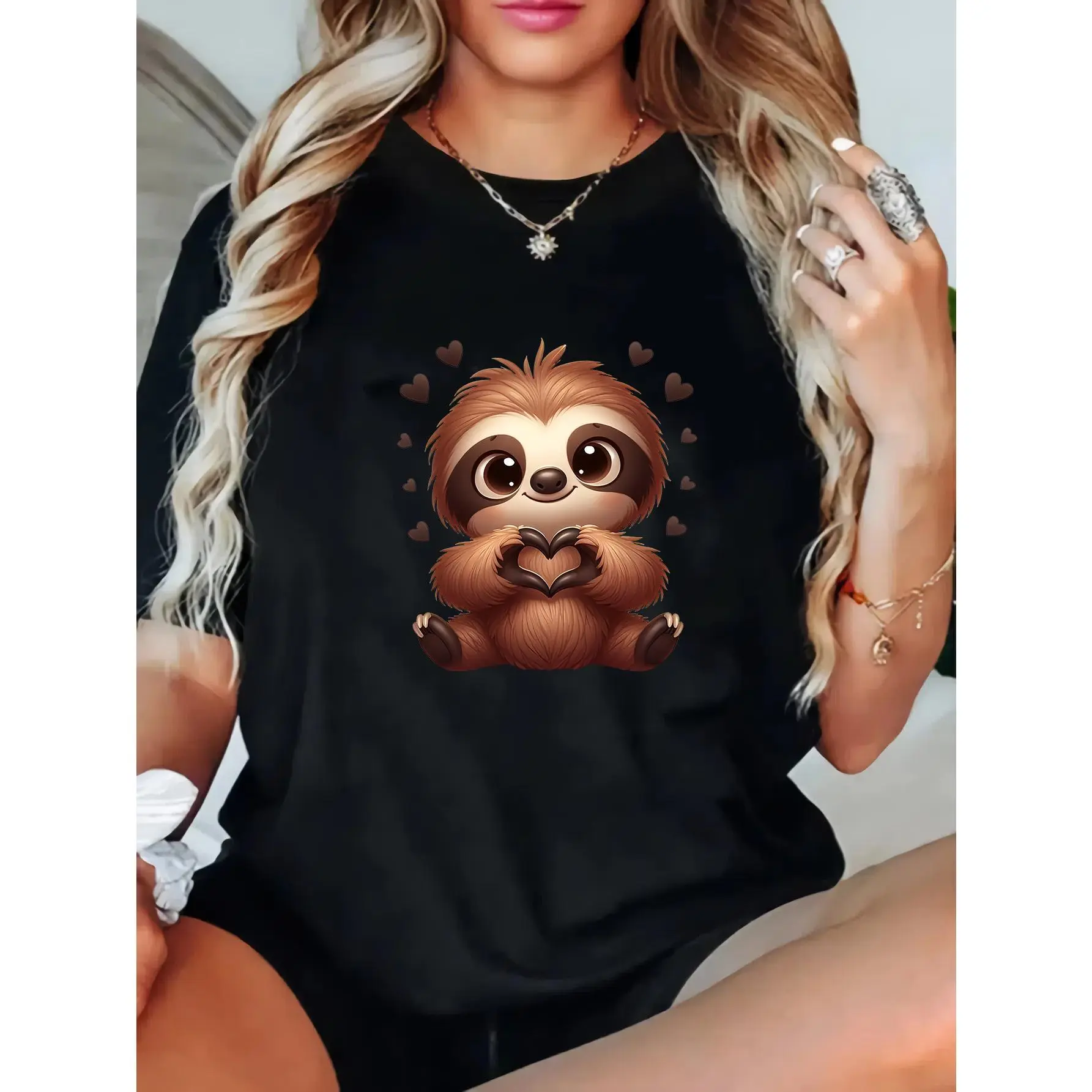 Plus Size - Plus Size - Plus Size Casual Women'S T-Shirt with Sloth Print, Short Sleeves, Round Neck, And Slight Stretch