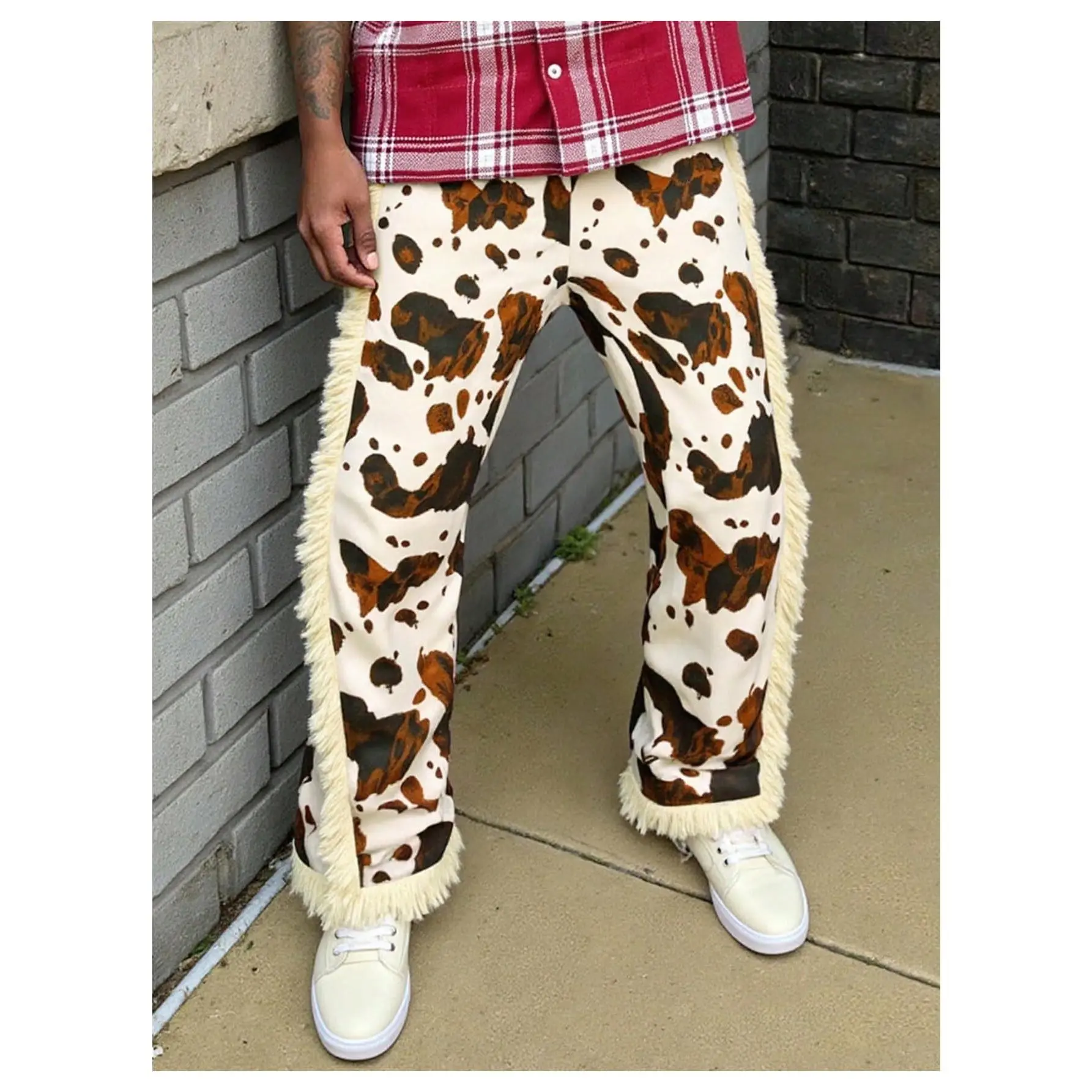 Y2K Western Cowboy Pants Fringe Straight Leg Pants Graphic Tassels Sweatpant Elastic Waist Casual Trousers