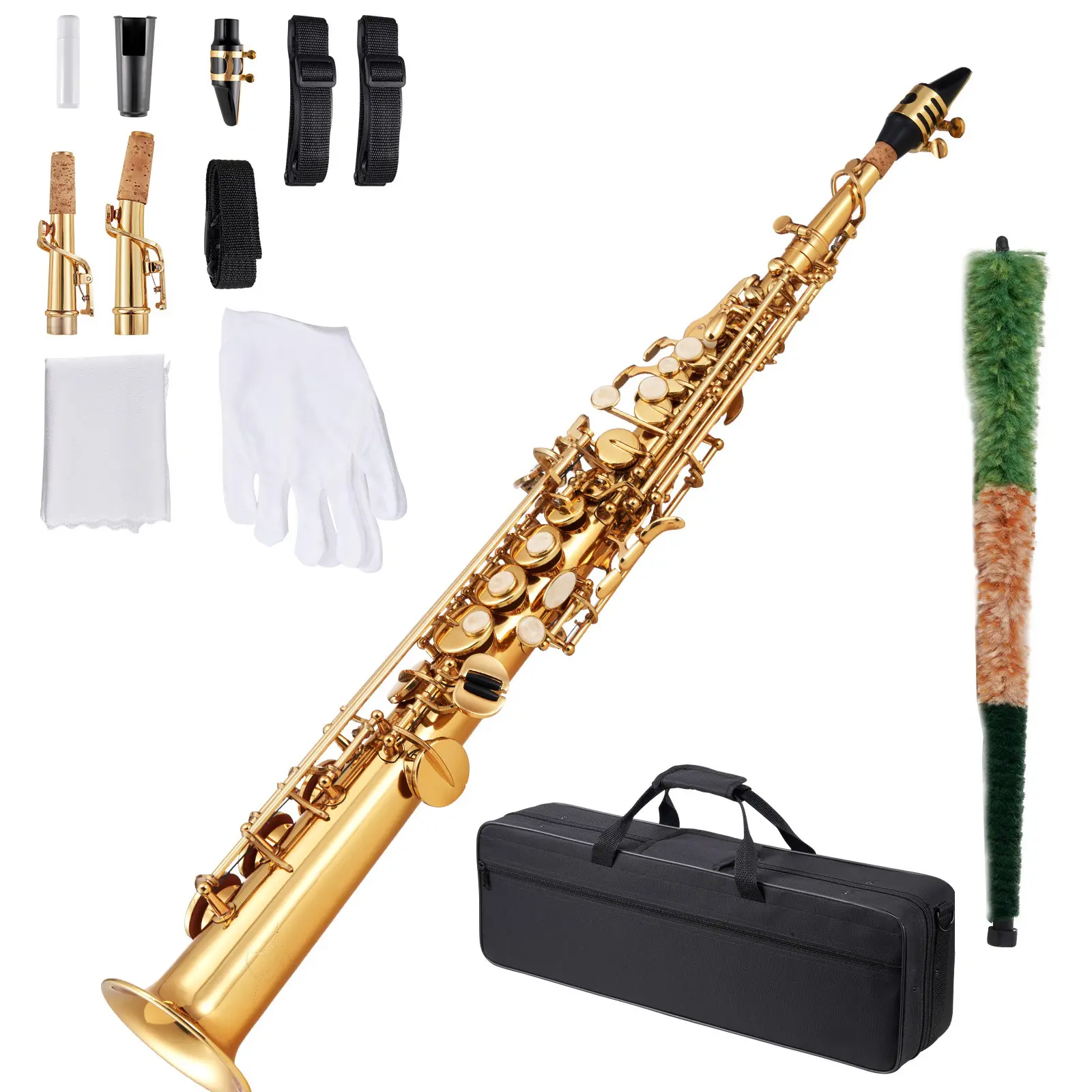 B Flat Straight Soprano Saxophone - Brass Construction, 2-in-1 Carrying Case, Out-of-Box Play Ready Instrument, 23 Keys