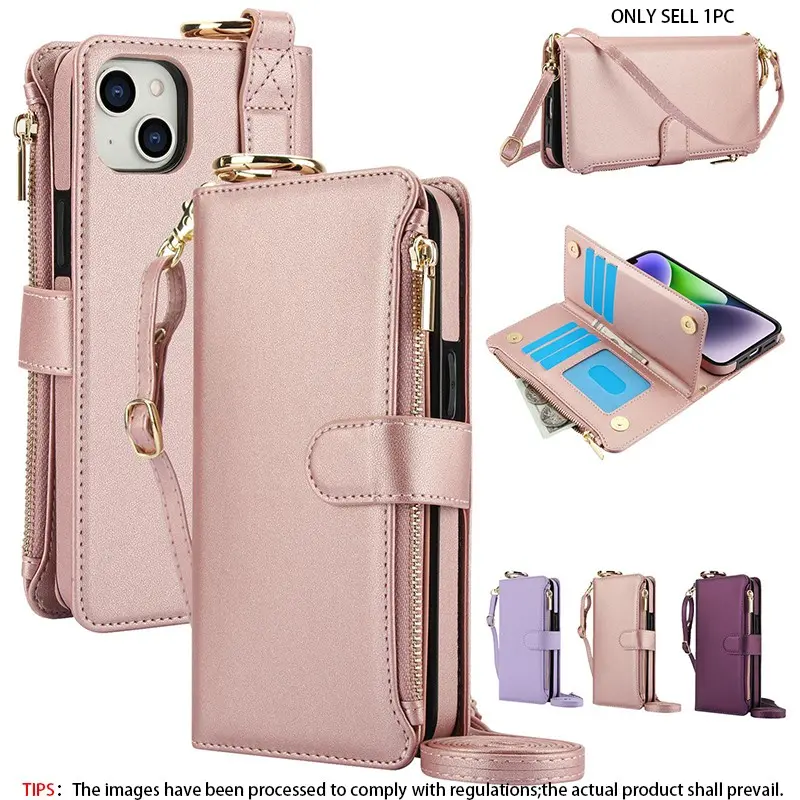 Multifunctional Wallet Flip Zipper Phone Case Cover with Lanyard, Durable TPU Protector, 1 Set Multi Card Slot Phone Case, Phone Accessories for iPhone 17 16 15 14 13 12 11 Pro Max