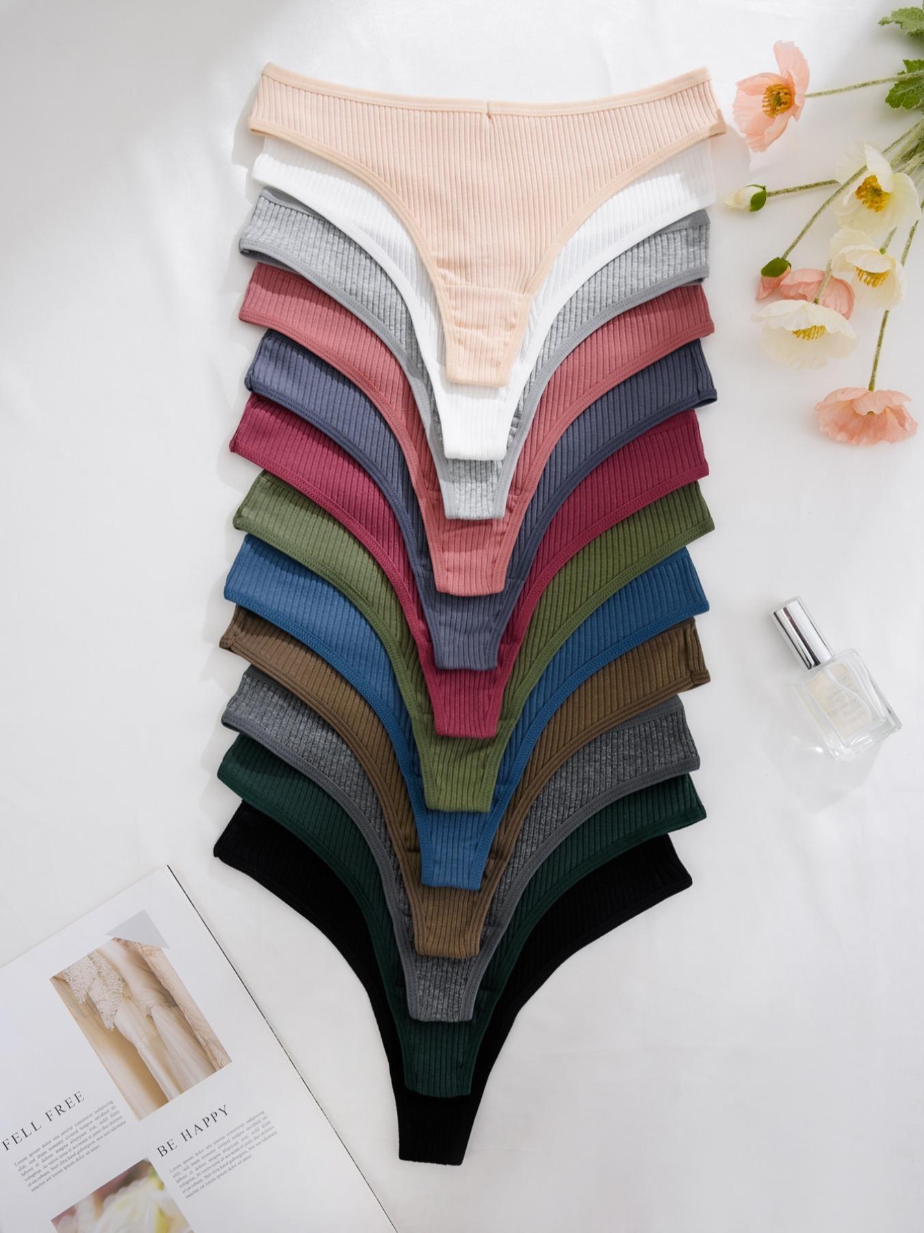 Women's 12pcs Solid Drop Waist Thong, Soft Comfy Breathable Knicker for Daily Wear, Ribbed Panty Underwear for All Seasons