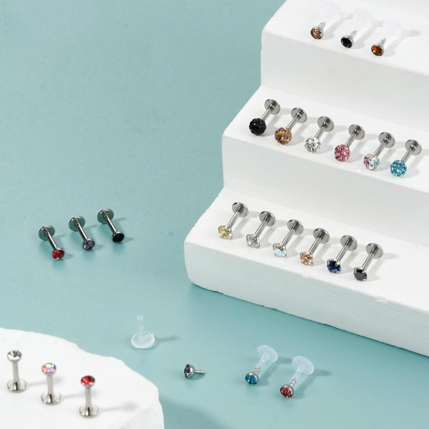 FINREZIO 1 Pc Colorful 6mm Piercing Stainless Steel Labret Tragus Stud Earrings for Women Men Helix Piercing Body Medusa Jewelry Shining Cubic Zirconia Nose Lip Ring