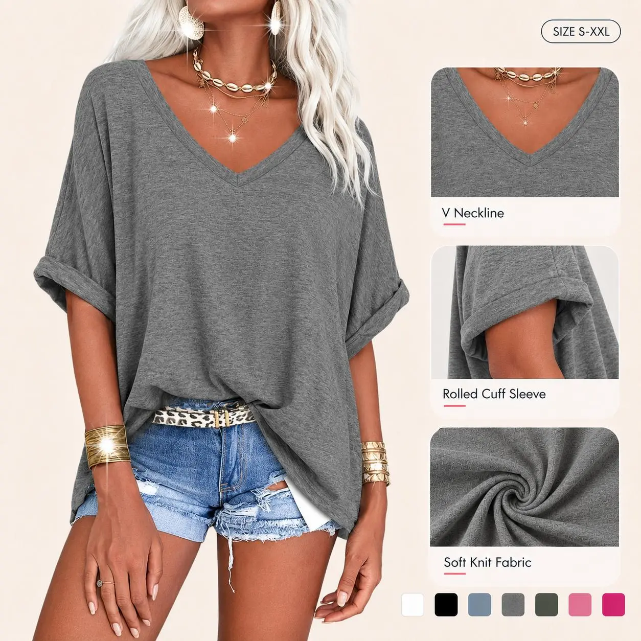 【NEW】Imily Bela Women's Oversized T Shirts V Neck Short Sleeve Summer Casual Loose Tops Tees Tshirt Elastic Basic Womenswear