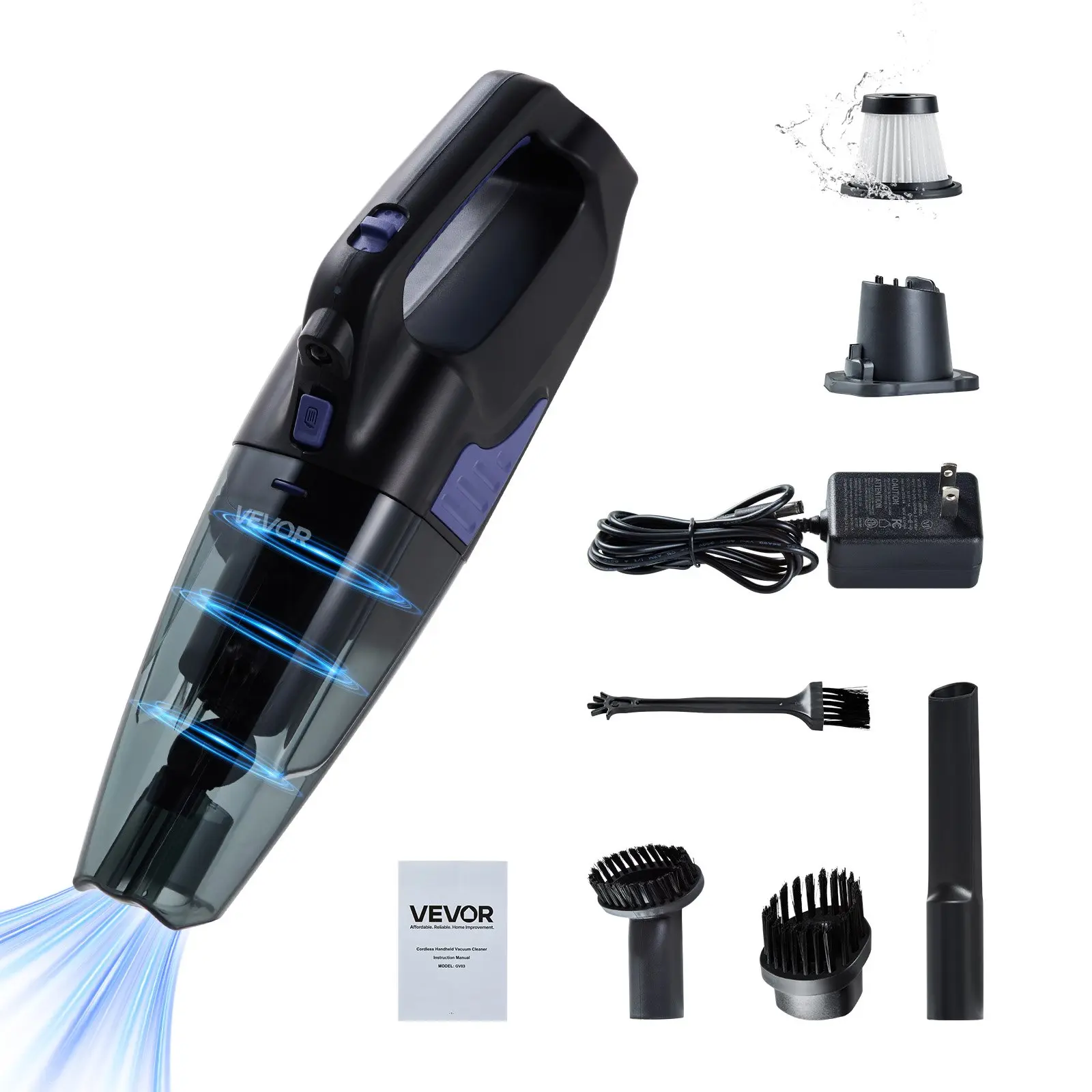 【DealsForYouDays】VEVOR GV03 Model Cordless Handheld Vacuum Cleaner, 120W Motor, 12000pa/6500pa Powerful Suction, 2.56 lbs Lightweight, HEPA Filter, 1-Hand Grip, Brush Set, Accessory Kit, Adaptor, Long-Lasting, Space-Saving, for Car/Home Use, Brushes Set