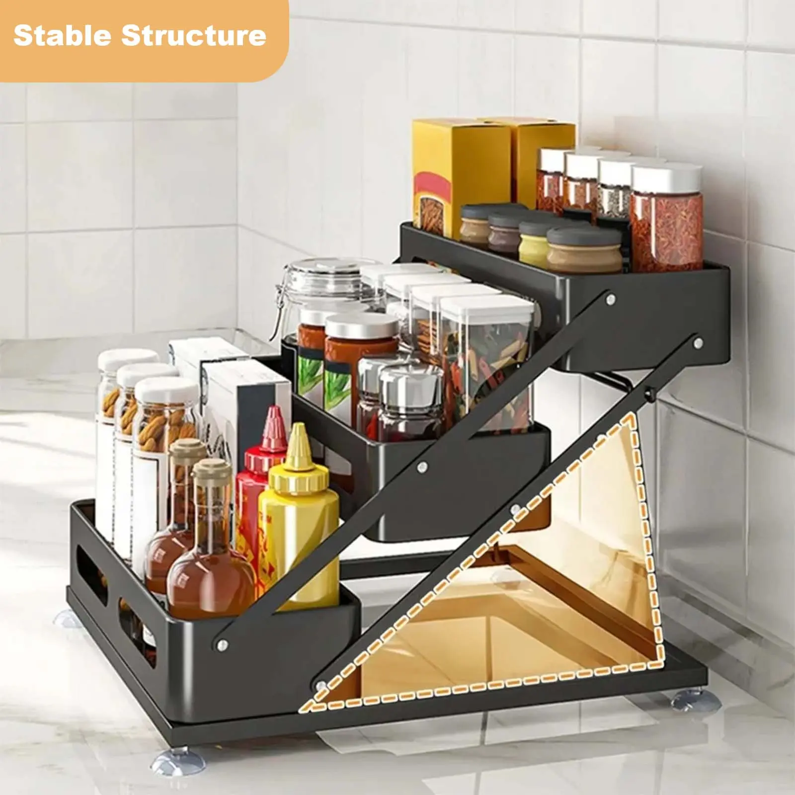 3 Tier Adjustable Height Spice Rack, Countertop Spice Rack, Kitchen Seasoning Organizer for Cabinet