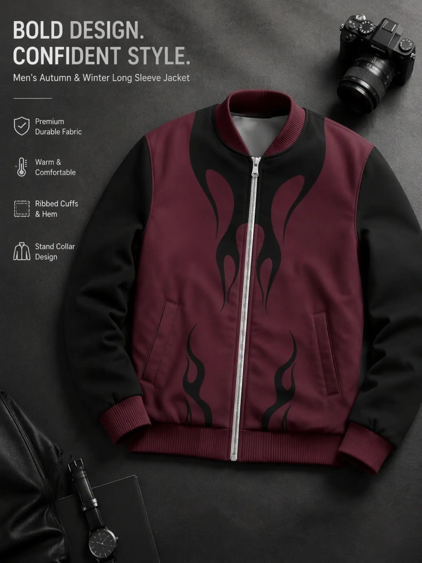 Men's Burgundy Colorblock Flame Pattern Full Zip Bomber Jacket, Vintage Tribal Fire Print Baseball Collar Windproof Jacket, High Street Fall Winter Coat