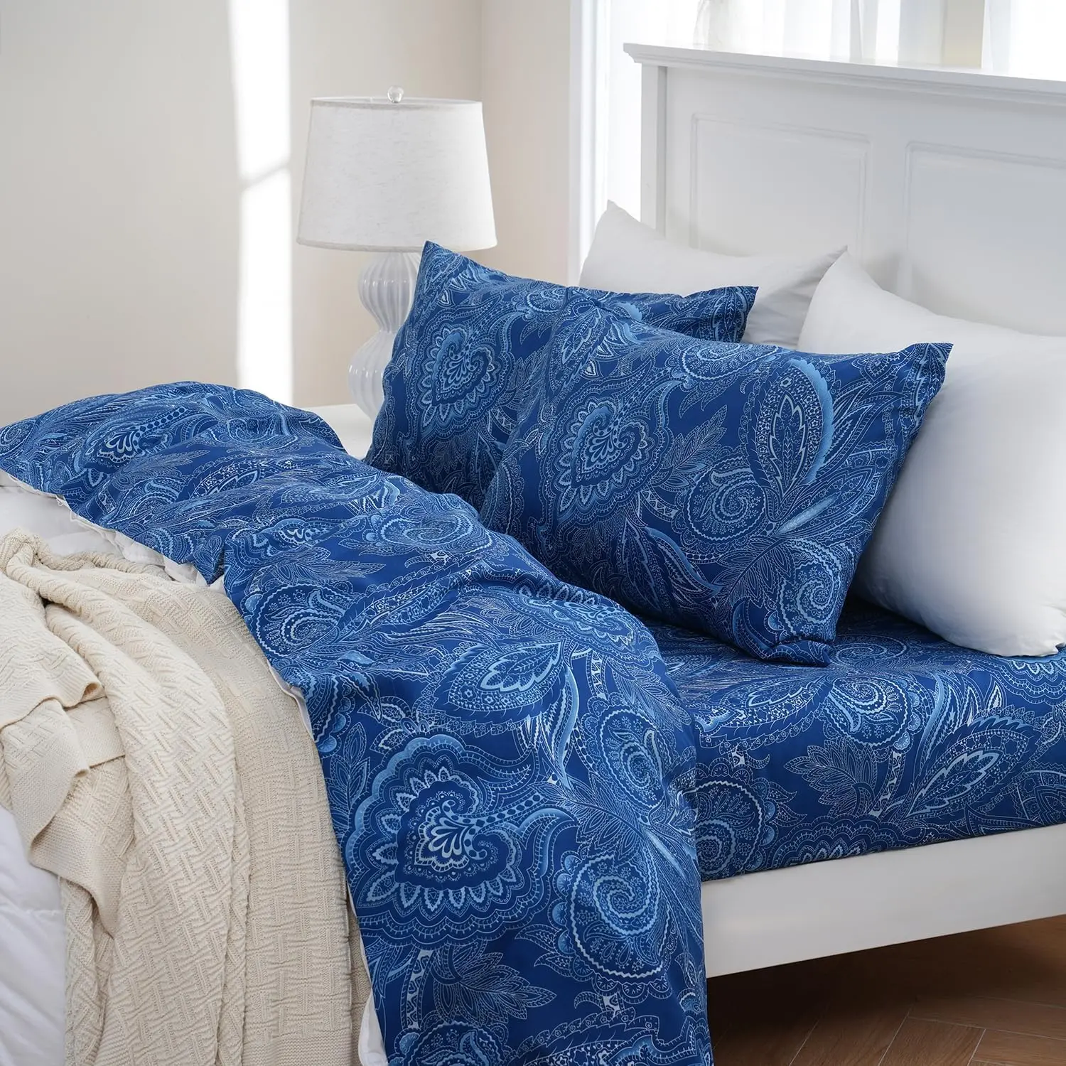 King Sheet Set - Soft Floral Sheets 100% Microfiber,1800 Count Floral Bed Sheets Oeko-Tex Certificated - 4 Pieces - Navy Paisley